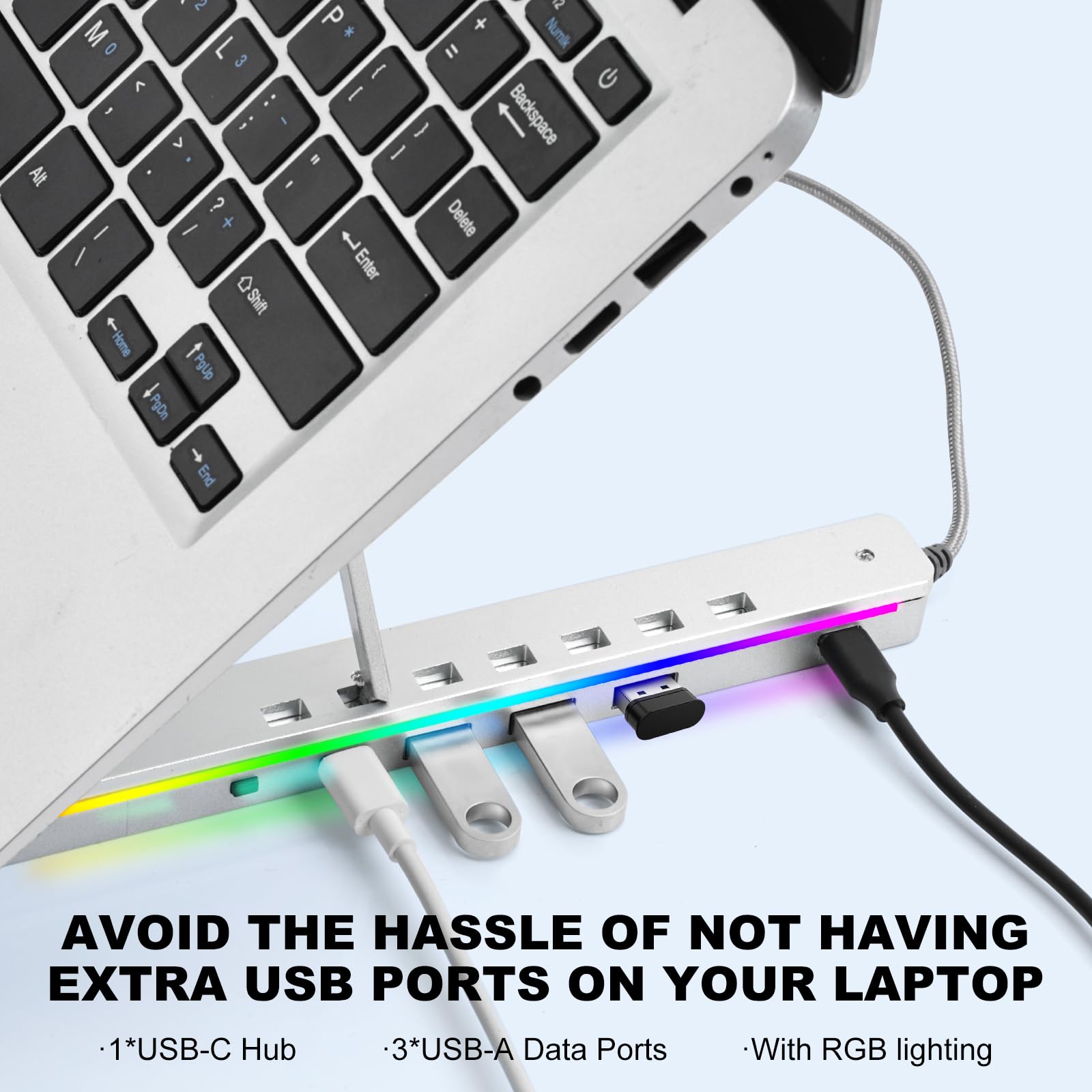 Laptop Stand with USB、Type C and RGB Lights, Aluminum Adjustable Foldable Laptop Stand for Desk, Ergonomic Portable Laptop Riser Holder Compatible with Laptops and iPad 10-15.6", Silver