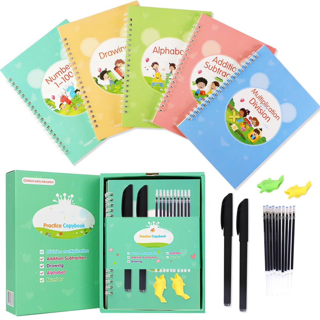 Magic Ink Practice Copybooks for Kids, Reusable Grooved Handwriting Training Workbooks for Preschools, Grooves Design Pen Control Tools, Early Childhood Education Materials (20cmX14cm, 5 Books)