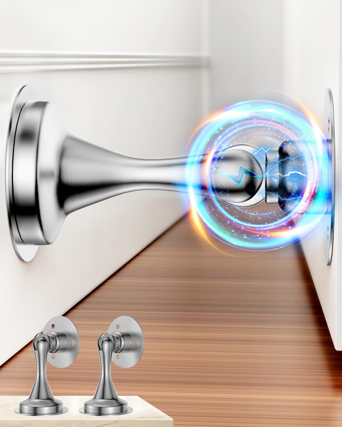 Door Stoppers Magnetic Door Catch - 2 Pack Stainless Steel Heavy Duty Door Holder Stops for Bottom Top of Door - Wall Floor Mounting No Drill Adhesive & Screws Strong Magnet Keep Door Open(Silver)
