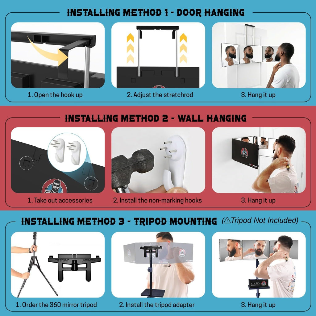 The 360 Mirror - 3 Way Adjustable Trifold Barber Mirror for Self Hair Cutting - Tri Fold Self Haircut System for Men and Women Braiding