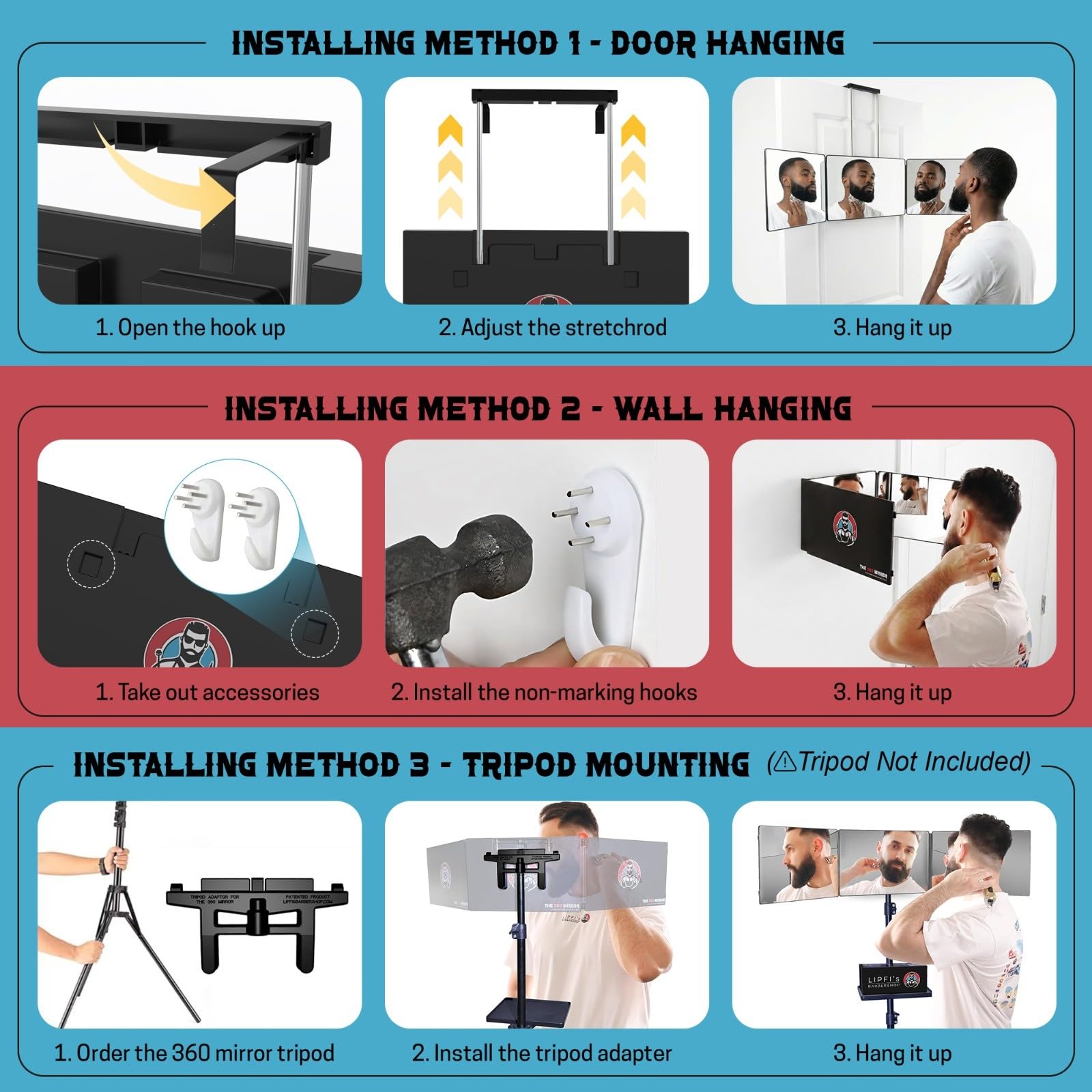 The 360 Mirror - 3 Way Adjustable Trifold Barber Mirror for Self Hair Cutting - Tri Fold Self Haircut System for Men and Women Braiding