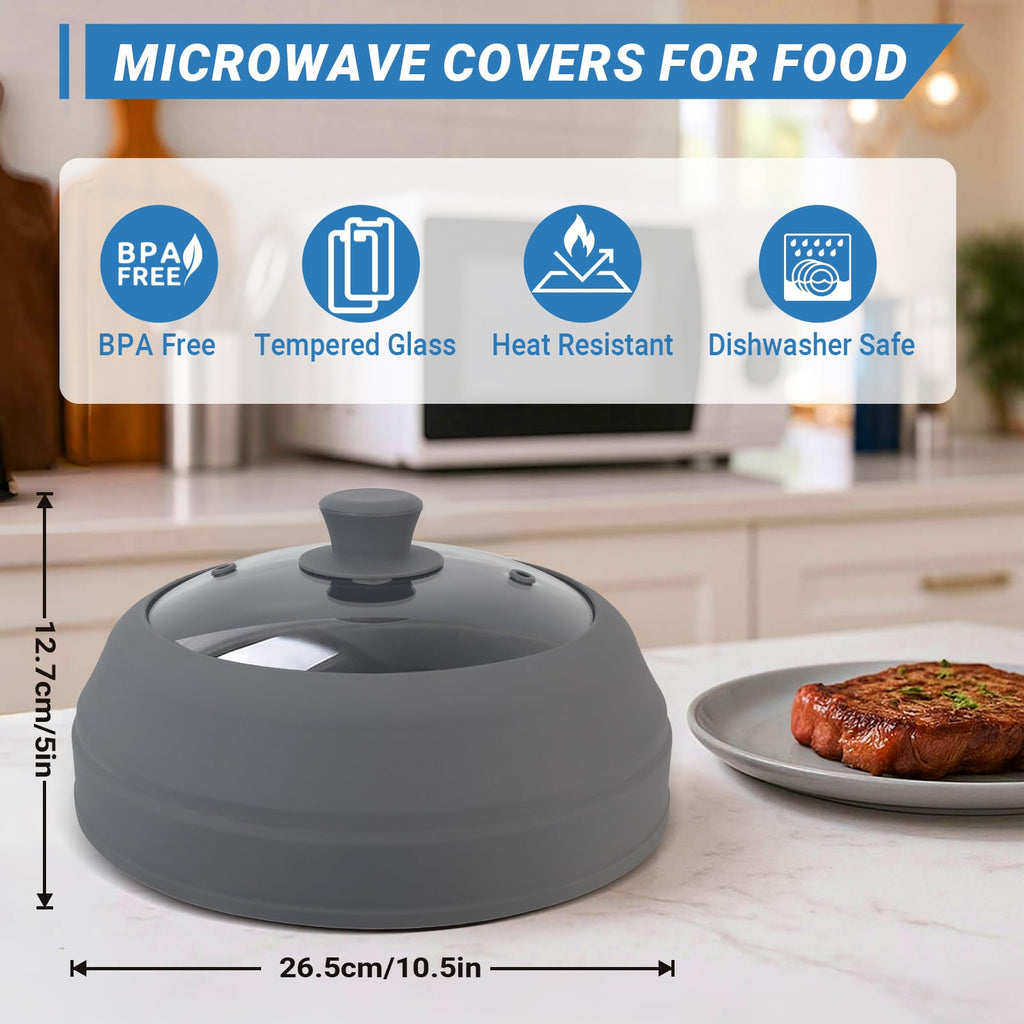 Glass Microwave Cover for Food, 10.5 inch Collapsible Microwave Cover, Glass Microwave Splatter Cover, BPA Free and Non-Toxic,Collapsible Silicone Microwave Food Covers Splatter Guard, Dishwasher Safe