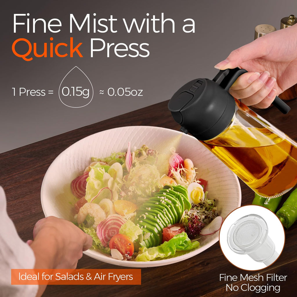 YARRAMATE Olive Oil Dispenser, 2 in 1 Oil Sprayer for Cooking, 16oz/470ml Glass Oil Spray Bottle with Pourer, Food-grade Dispenser for Kitchen, Salad, Frying, BBQ (Black & Green)