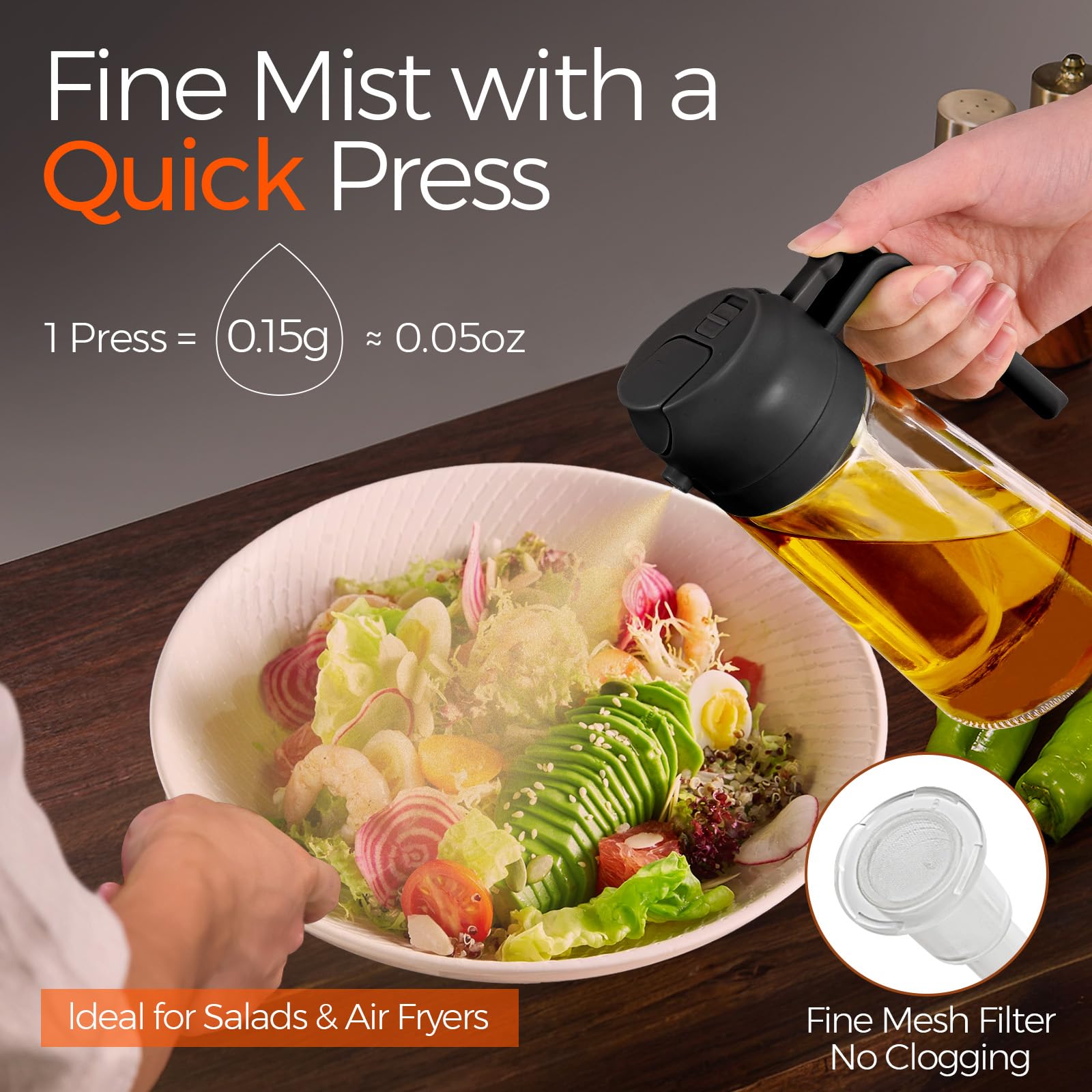 YARRAMATE Olive Oil Dispenser, 2 in 1 Oil Sprayer for Cooking, 16oz/470ml Glass Oil Spray Bottle with Pourer, Food-grade Dispenser for Kitchen, Salad, Frying, BBQ (Black & Green)