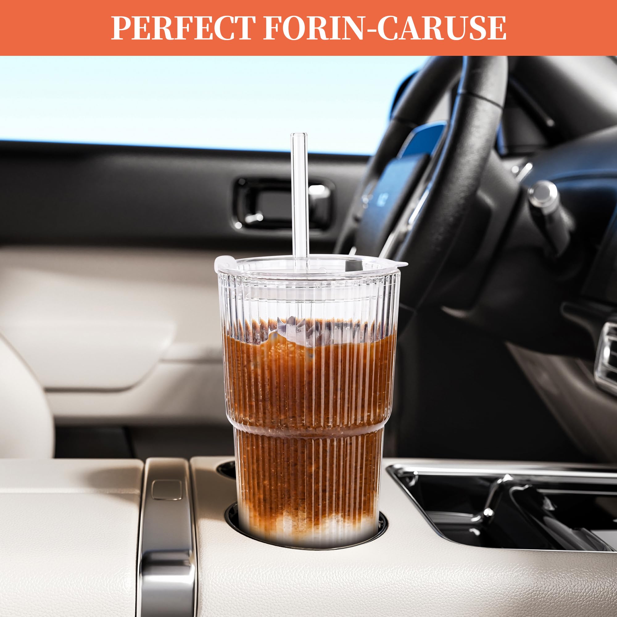 AMYOOLE 20 oz Ribbed Glass Tumblers with Lids and Straws,Clear Drinking Glasses Set of 4,Reusable Vintage Iced Coffee Cups,Leak Proof Thick Glass Cups for Juice,Cocktail,Smoothie,Beer,Boba