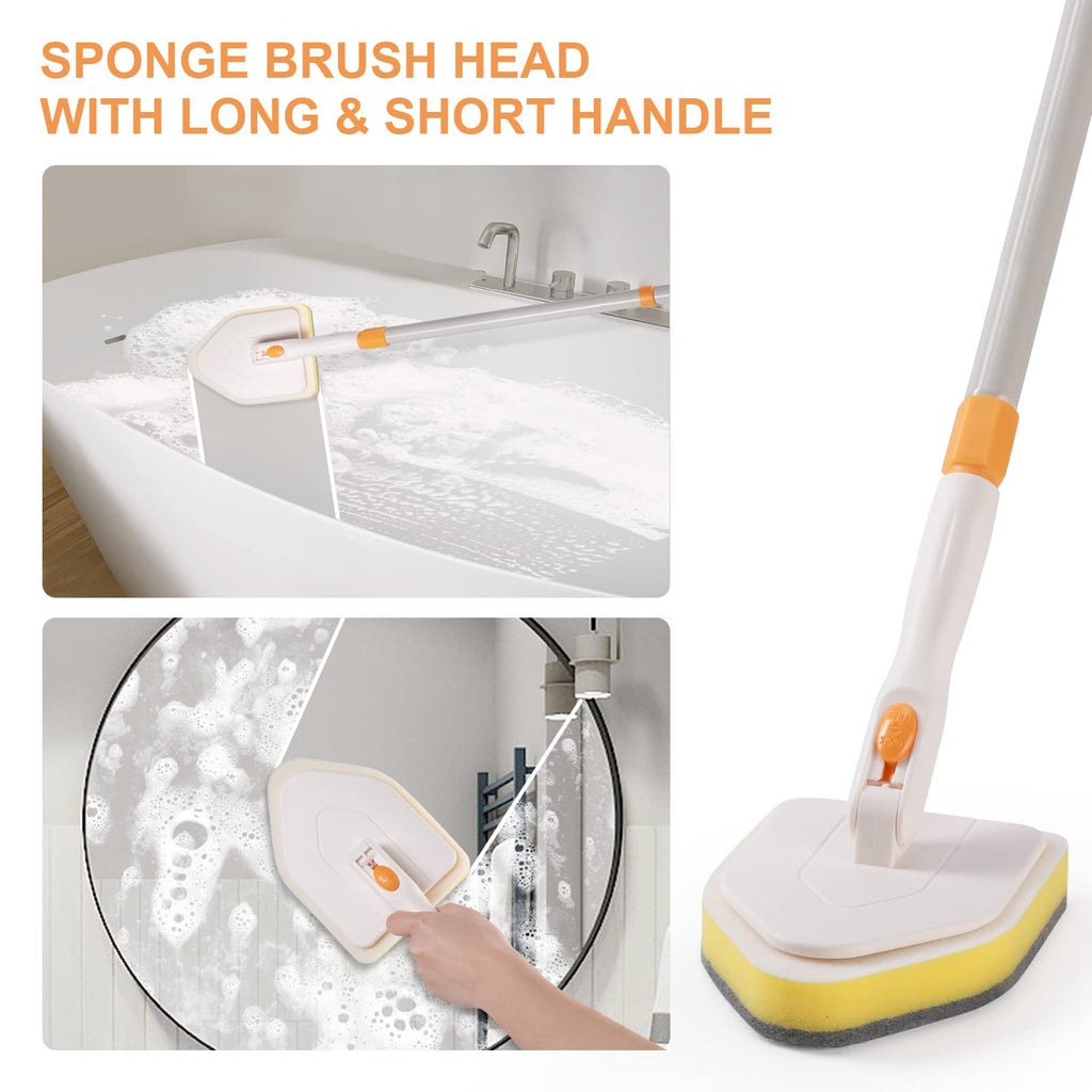3 in 1 Shower Scrubber Cleaning Brush with 50'' Long Handle, FUUNSOO Tub & Tile Grout Brush Stiff Bristles Lock in Place Scrub Brush Head for Bathroom Kitchen Wall Floor Bathtub Sink Glass - Upgrade