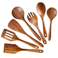 7 Pcs Acacia Wood Cooking Utensils Set Large Wooden Spoons for Cooking Spatula Salad Spoon Salad Fork Slotted Spoon Mixing Spoon Flat Spatula Turner Kitchen Utensils