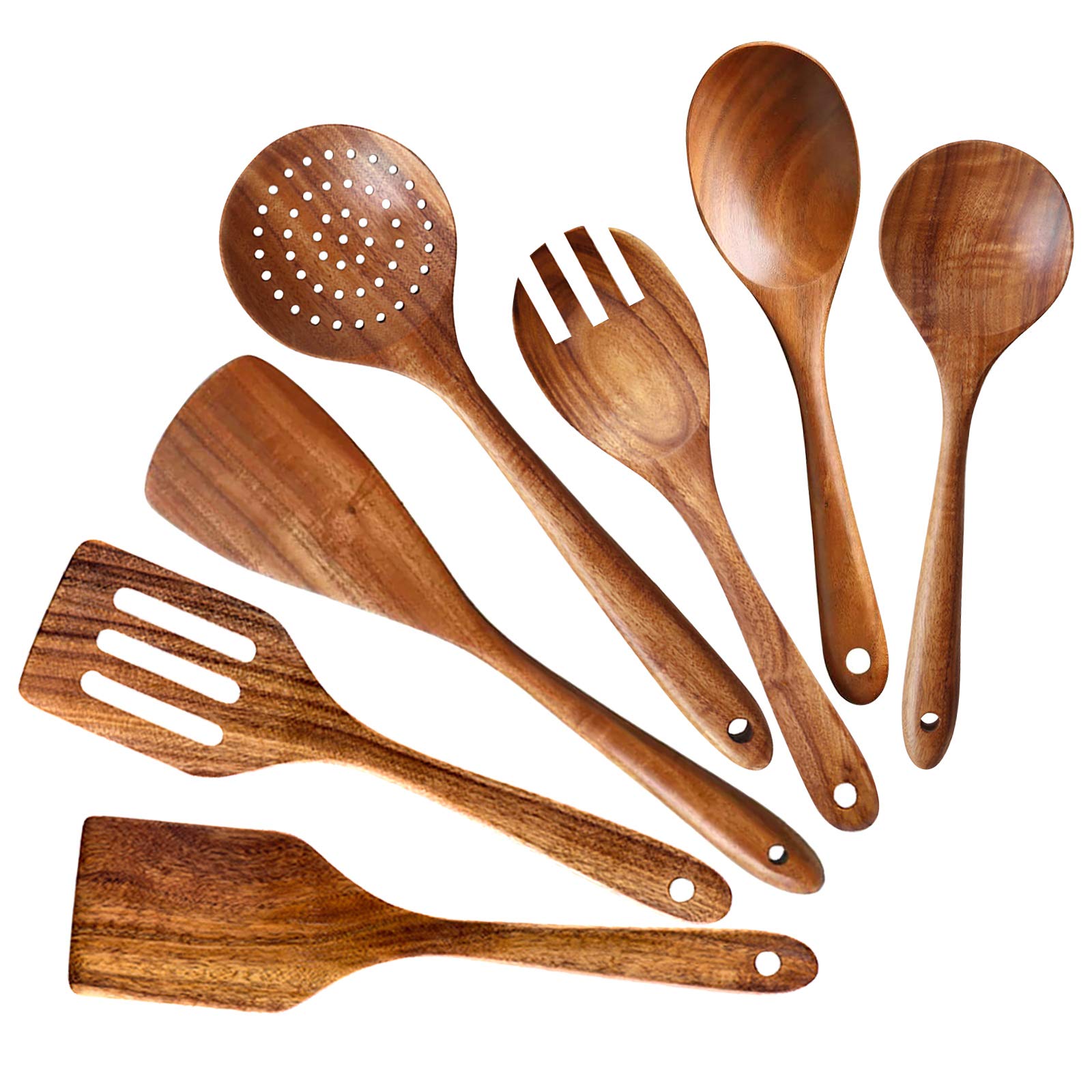 7 Pcs Acacia Wood Cooking Utensils Set Large Wooden Spoons for Cooking Spatula Salad Spoon Salad Fork Slotted Spoon Mixing Spoon Flat Spatula Turner Kitchen Utensils
