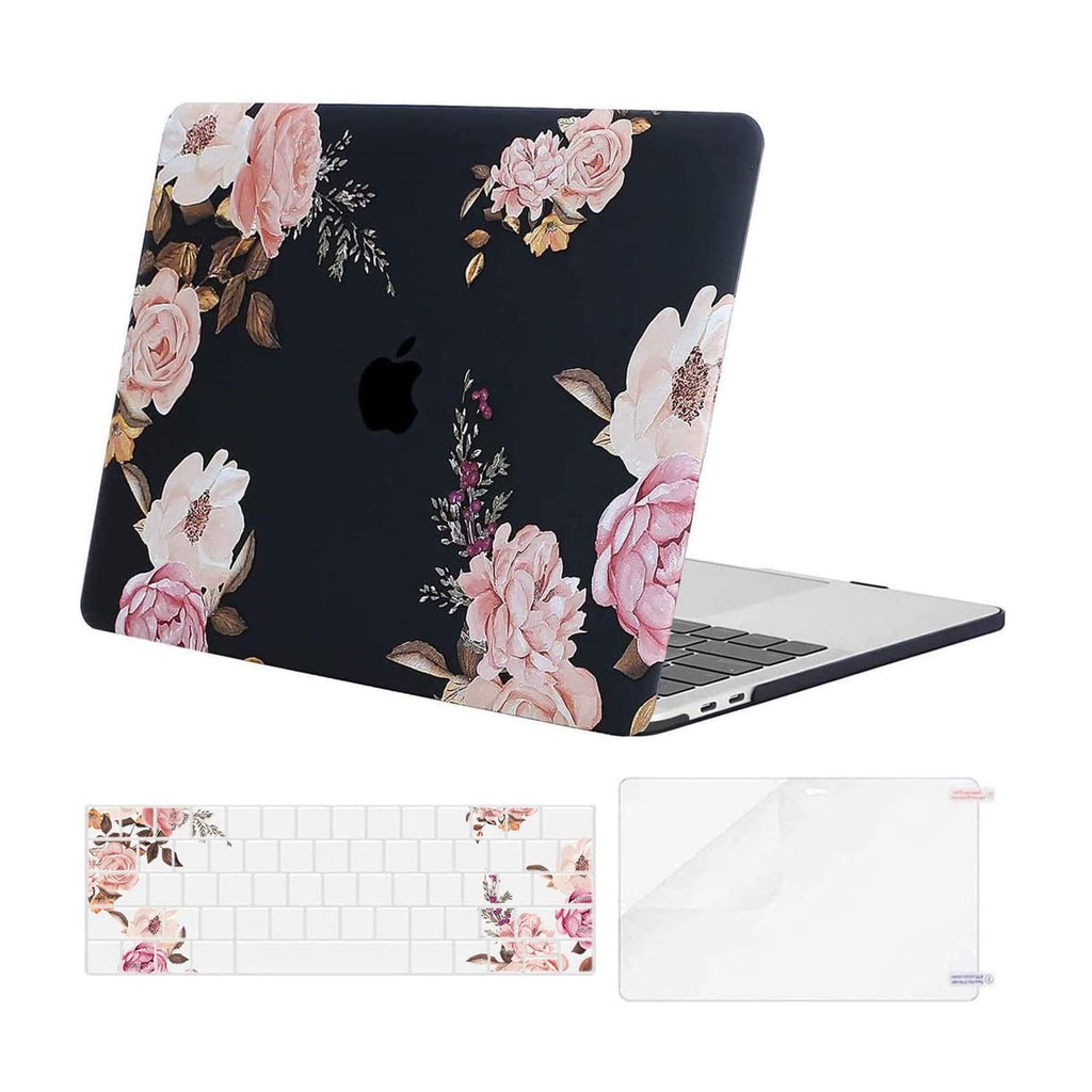 MOSISO Compatible with MacBook Pro 13 inch Case M2 2023,2022,2021-2016 A2338 M1 A2289 A2251 A2159 A1989 A1706 A1708, Plastic Peony Hard Shell Case & Keyboard Cover Skin & Screen Protector, Black