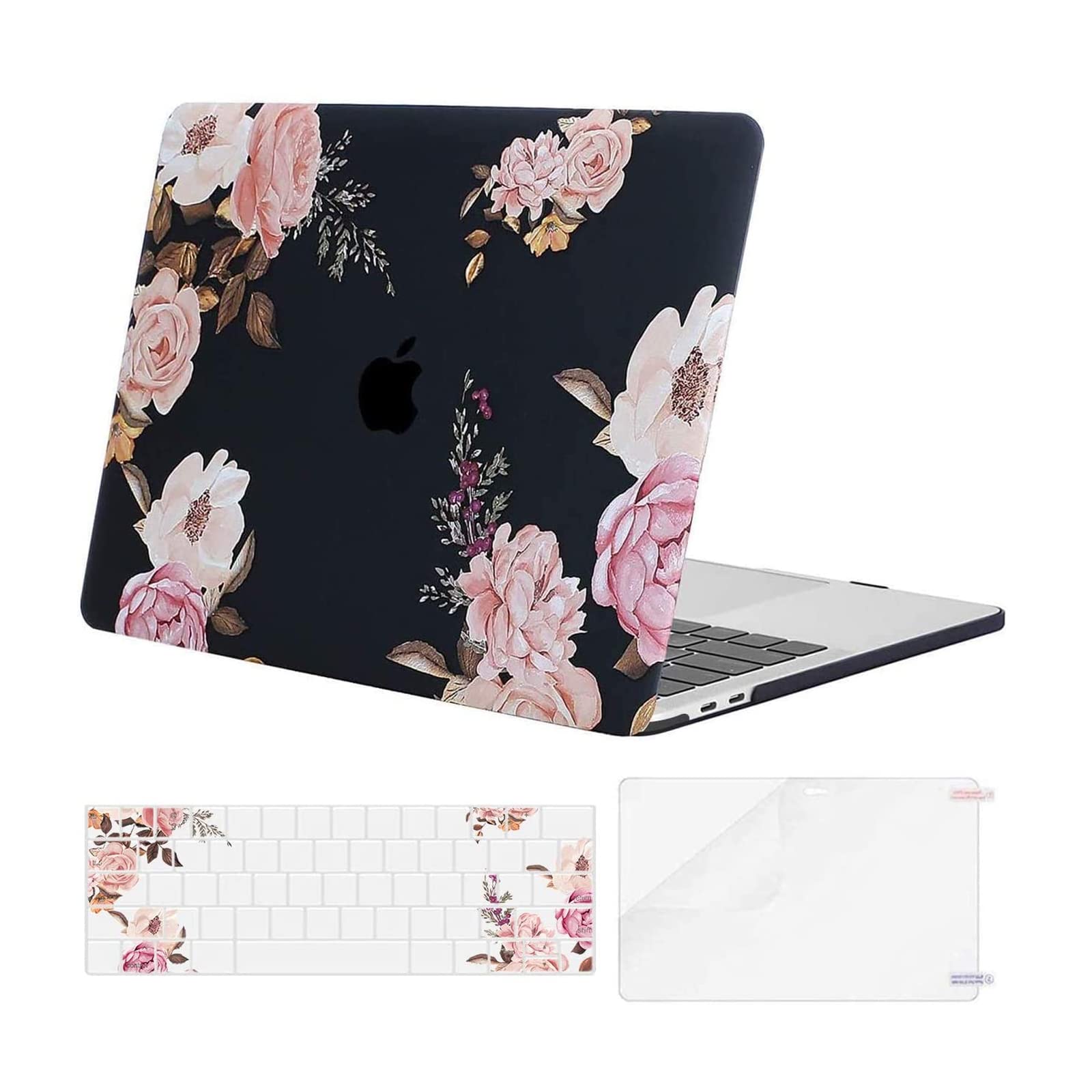 MOSISO Compatible with MacBook Pro 13 inch Case M2 2023,2022,2021-2016 A2338 M1 A2289 A2251 A2159 A1989 A1706 A1708, Plastic Peony Hard Shell Case & Keyboard Cover Skin & Screen Protector, Black