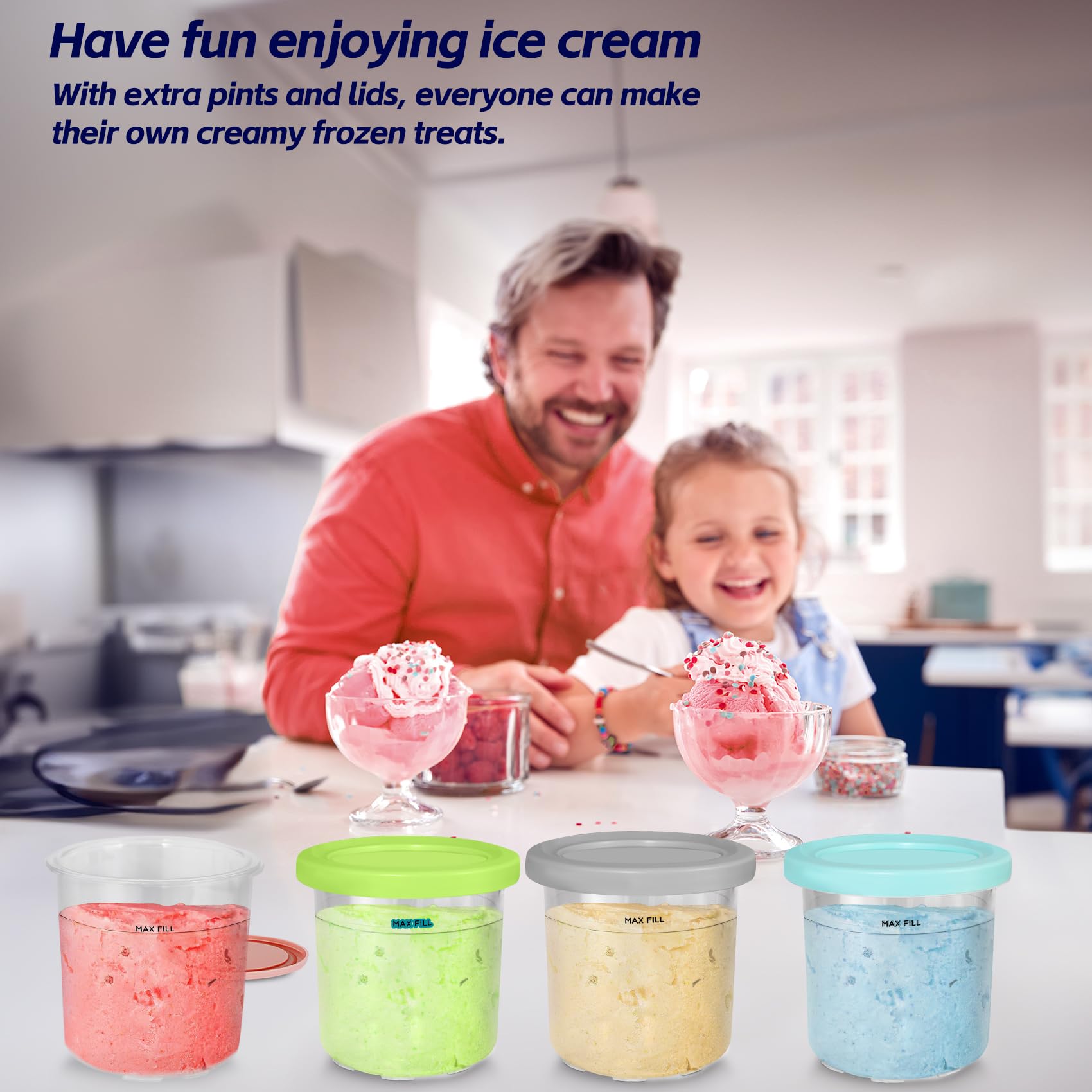 4-Pack Ninja Creami Containers for NC300/NC301/NC299AMZ, BPA-Free Replacement Pints with Color Lids & Recipe Scoop, Dishwasher-Safe & Leak-Proof Ice Cream Maker Accessories for Ninja Creami