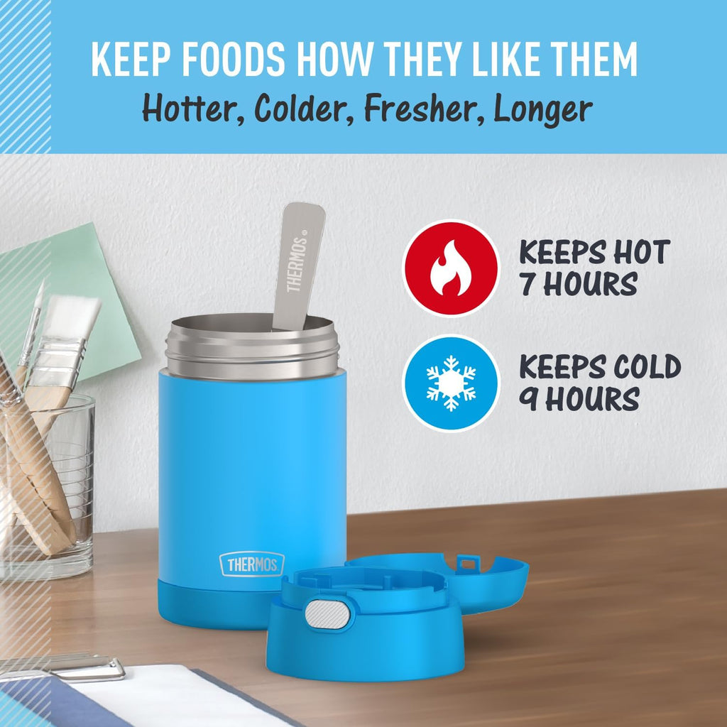 THERMOS FUNTAINER 16 Ounce Stainless Steel Vacuum Insulated Food Jar with Folding Spoon, Denim Blue