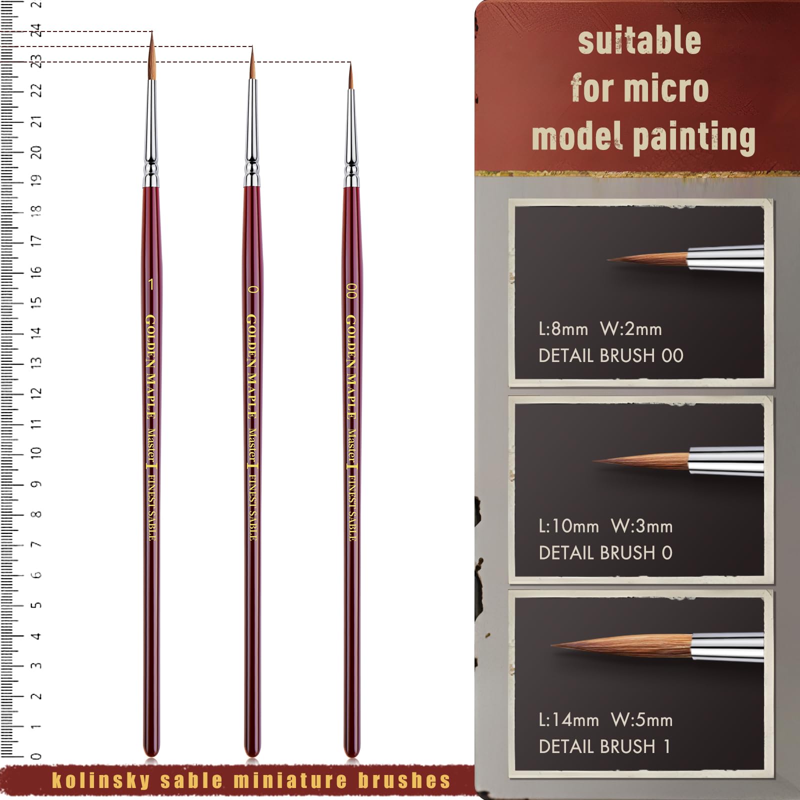 Kolinsky Sable Miniature Paint Brushes Professional Detail Ultra Fine Paint Brushes for Miniatures,Details,Fingure,Size 00,0,1