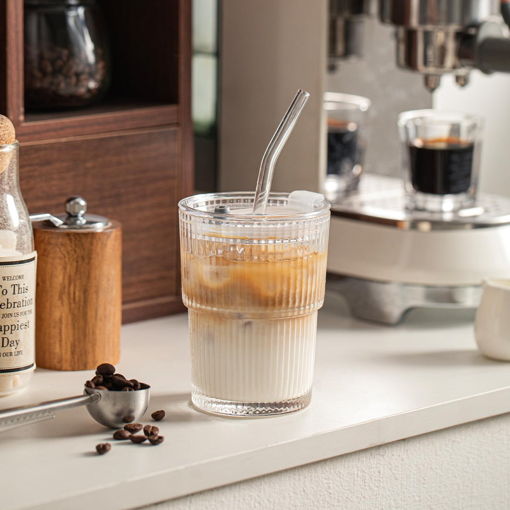 INSETLAN 13oz Glass Tumbler with Lid and Straw 4 Pack - Ribbed Glass Cup Iced Coffee Glasses, Clear Leakproof Tumbler Cup for Smoothies, Iced Latte,Matcha, Cold Drinks