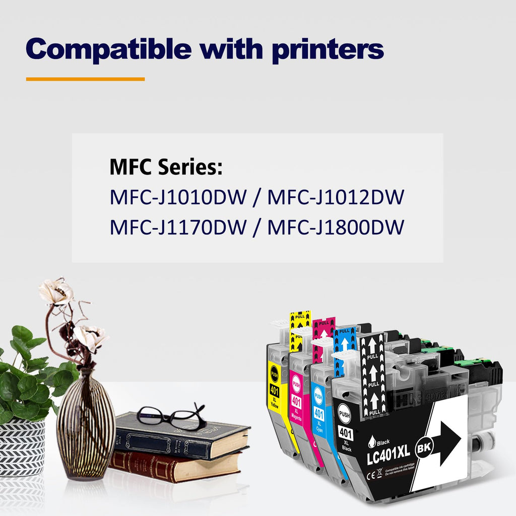 LC401XL Ink Cartridges Compatible for LC401 LC401XL Ink Cartridges for MFC-J1010DW MFC-J1012DW MFC-J1170DW MFC-J1800DW Printer High Yield (4-Pack, BK/C/M/Y)