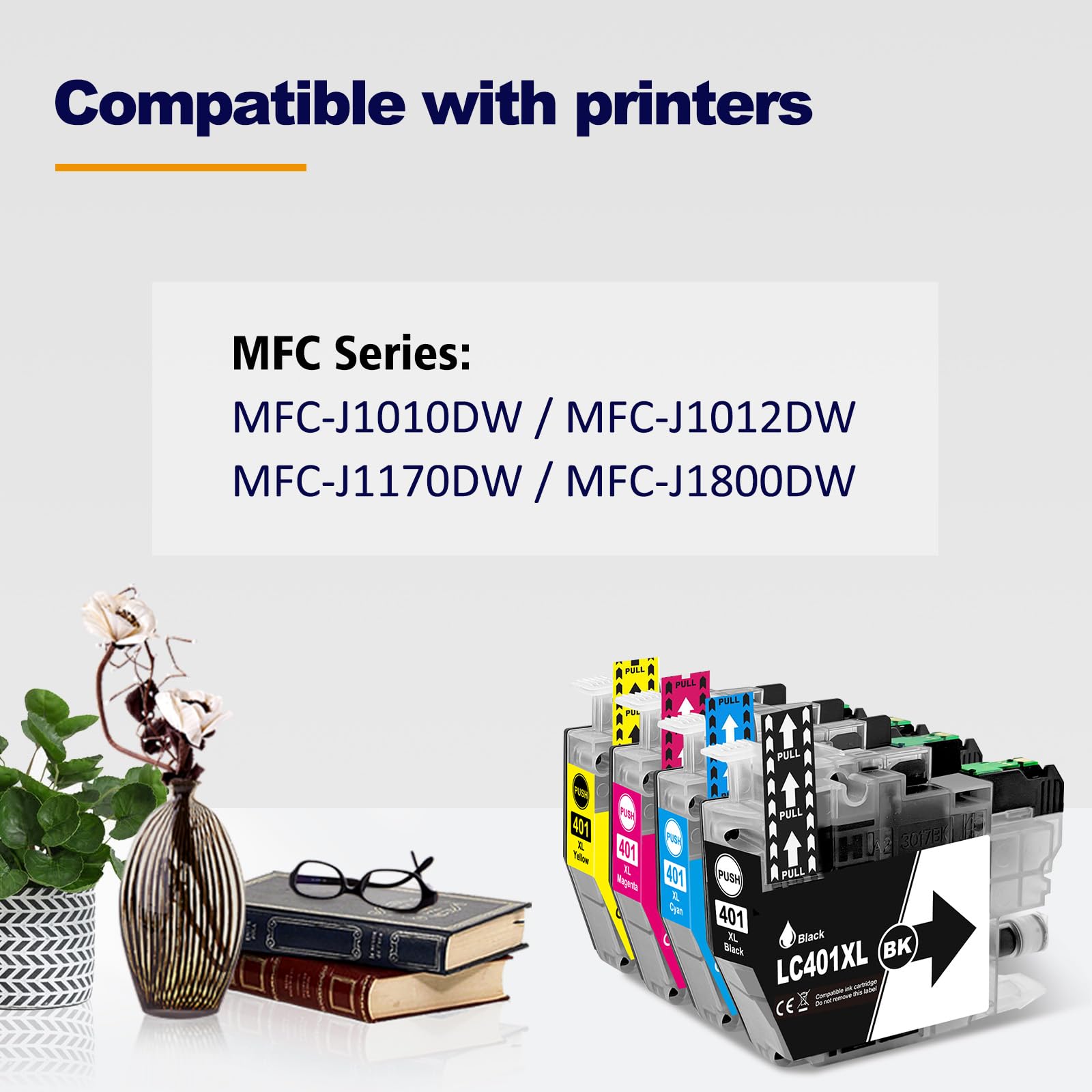 LC401XL Ink Cartridges Compatible for LC401 LC401XL Ink Cartridges for MFC-J1010DW MFC-J1012DW MFC-J1170DW MFC-J1800DW Printer High Yield (4-Pack, BK/C/M/Y)