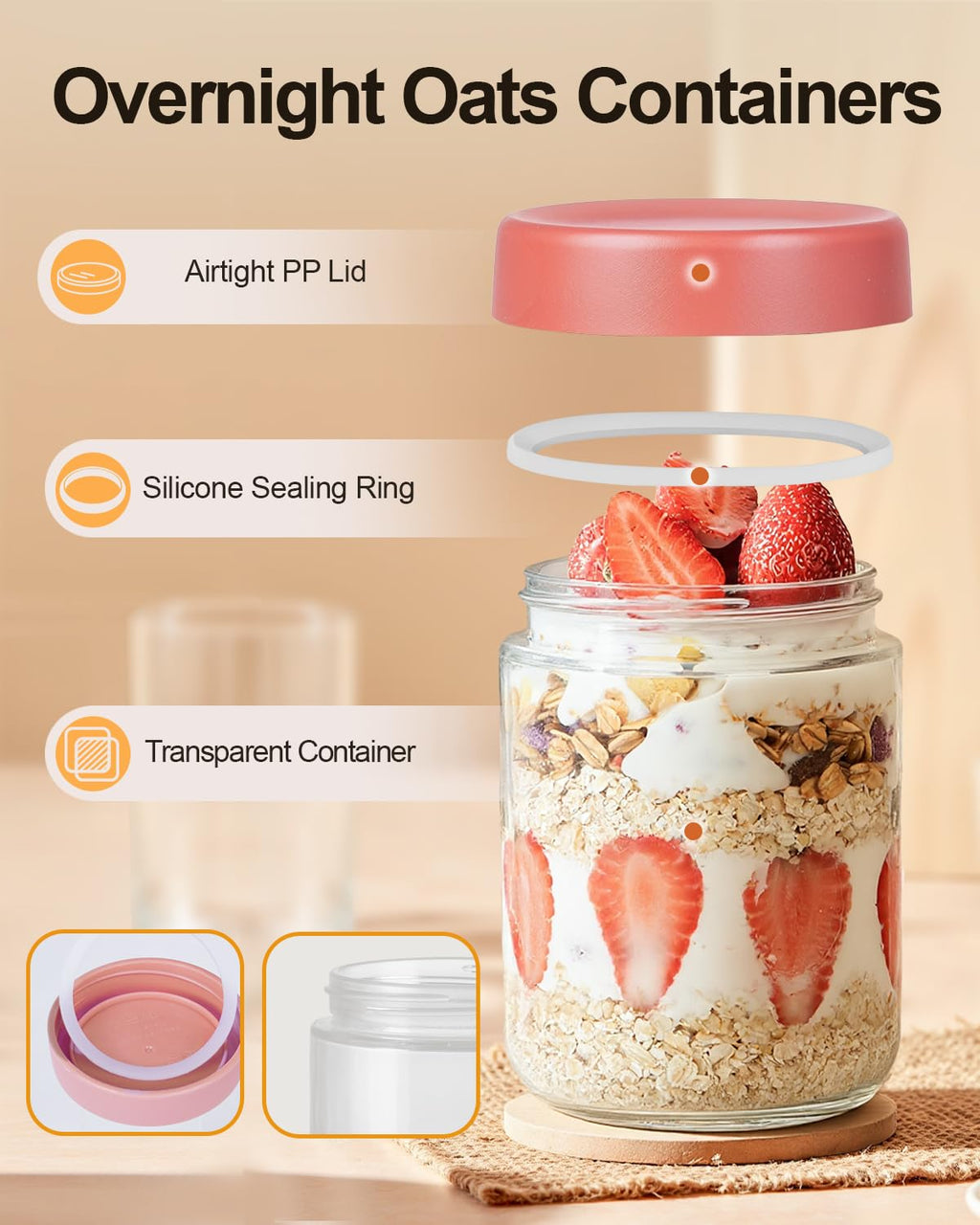 Overnight Oats Jars, 4 Pieces of 500ml/16oz Overnight Oatmeal Container with Lid by Pitch Pulse, Homemade Yogurt Oatmeal Salad Jam Pudding Storage Container