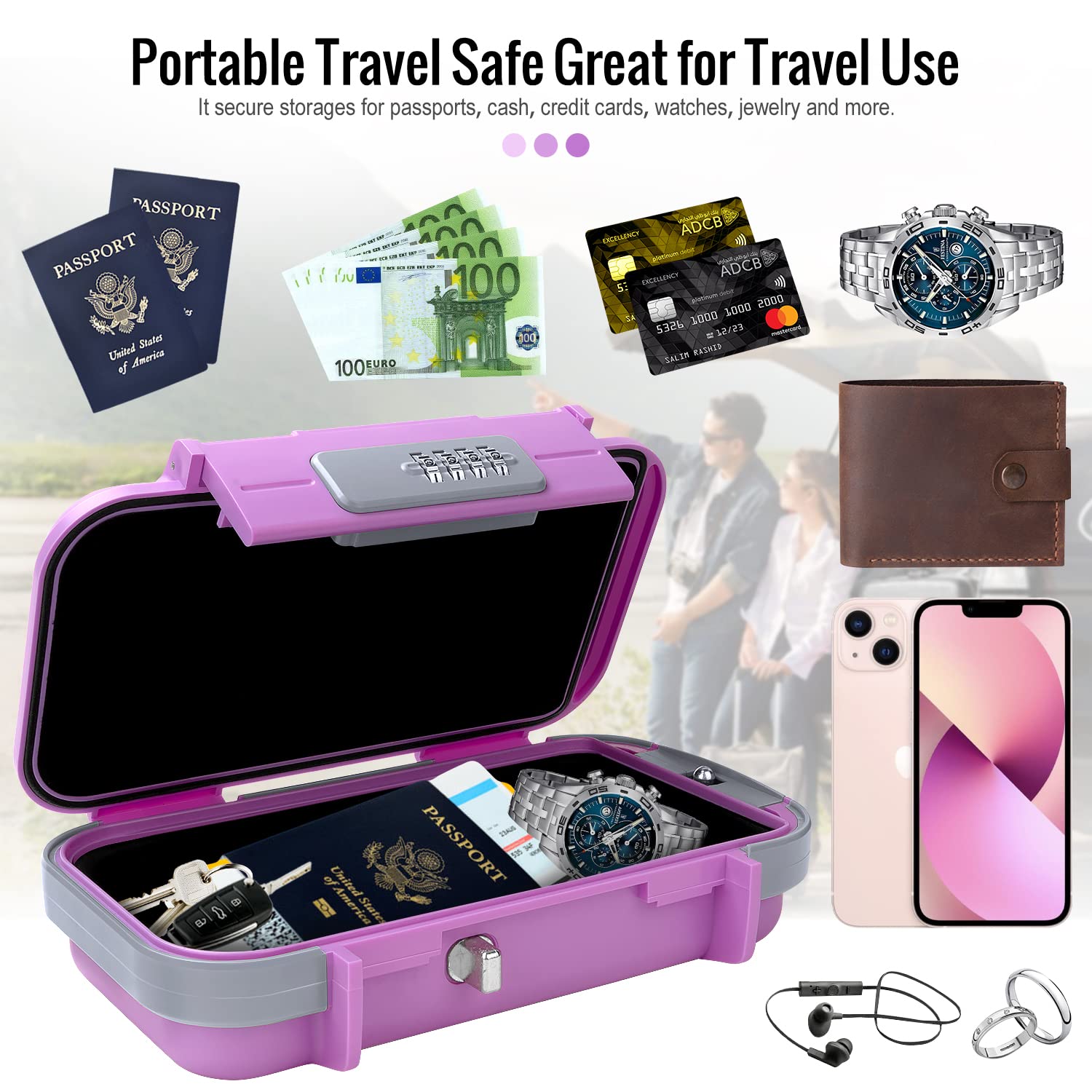 BKNOOU Travel Safe Portable Beach Safe Box Small Combination Safe Anti-Theft Lock Box Safe Waterproof Mini Security Case with Removable Wire Rope Security Box for Home,Office,Hotel,Cars,Travel