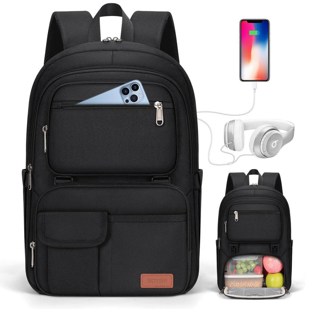 SDYSM Lunch Backpack for Men Women 15.6 Inch Laptop Backpack with USB Charging Port, Waterproof Work Backpack with Insulated Lunch Compartment Suitable for Work, Travel, College,Black