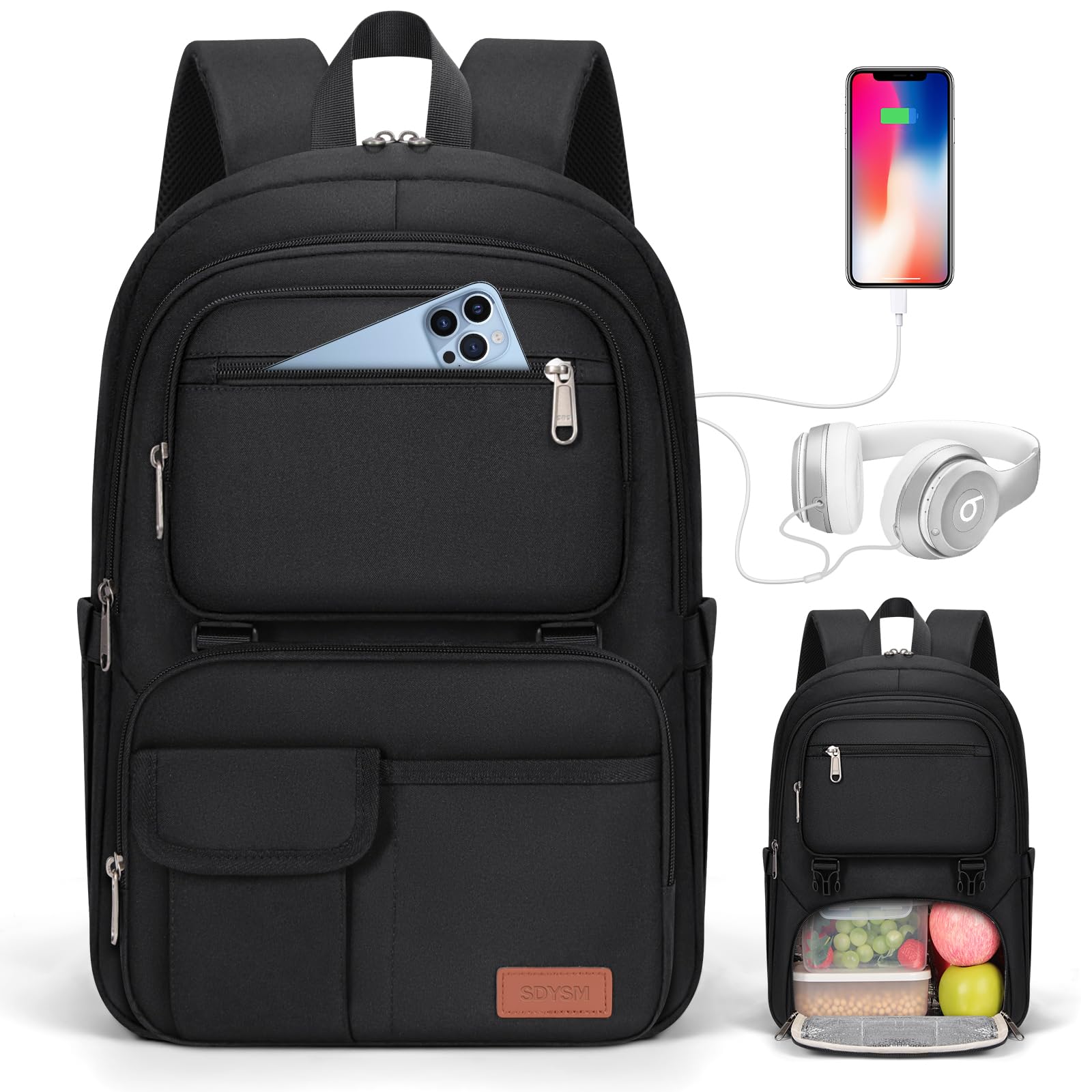 SDYSM Lunch Backpack for Men Women 15.6 Inch Laptop Backpack with USB Charging Port, Waterproof Work Backpack with Insulated Lunch Compartment Suitable for Work, Travel, College,Black