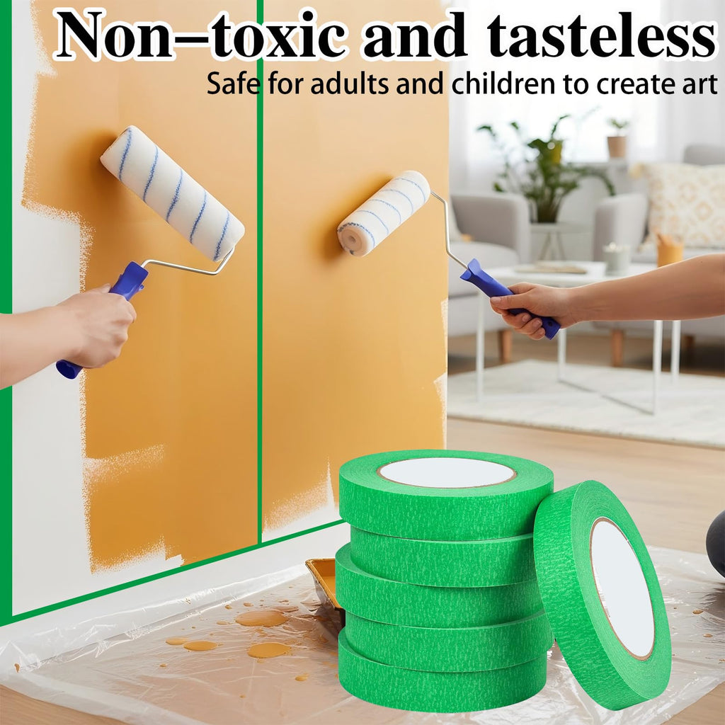 10 Rolls of Green Masking Tape, Each roll 24mm Wide and 50 Meters Long, totaling 500 Meters, Suitable for General Masking Applications.
