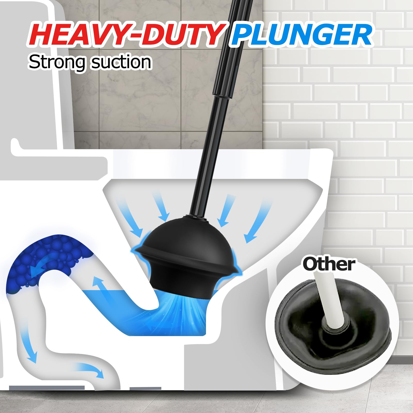 FORASTO 2 in 1 Toilet Brush and Plunger Set, Extended Handle, Bathroom Cleaning Tools, Toilet Bowl Brush and Plungers Combo, Bathroom Cleaning Supplies, Charcoal