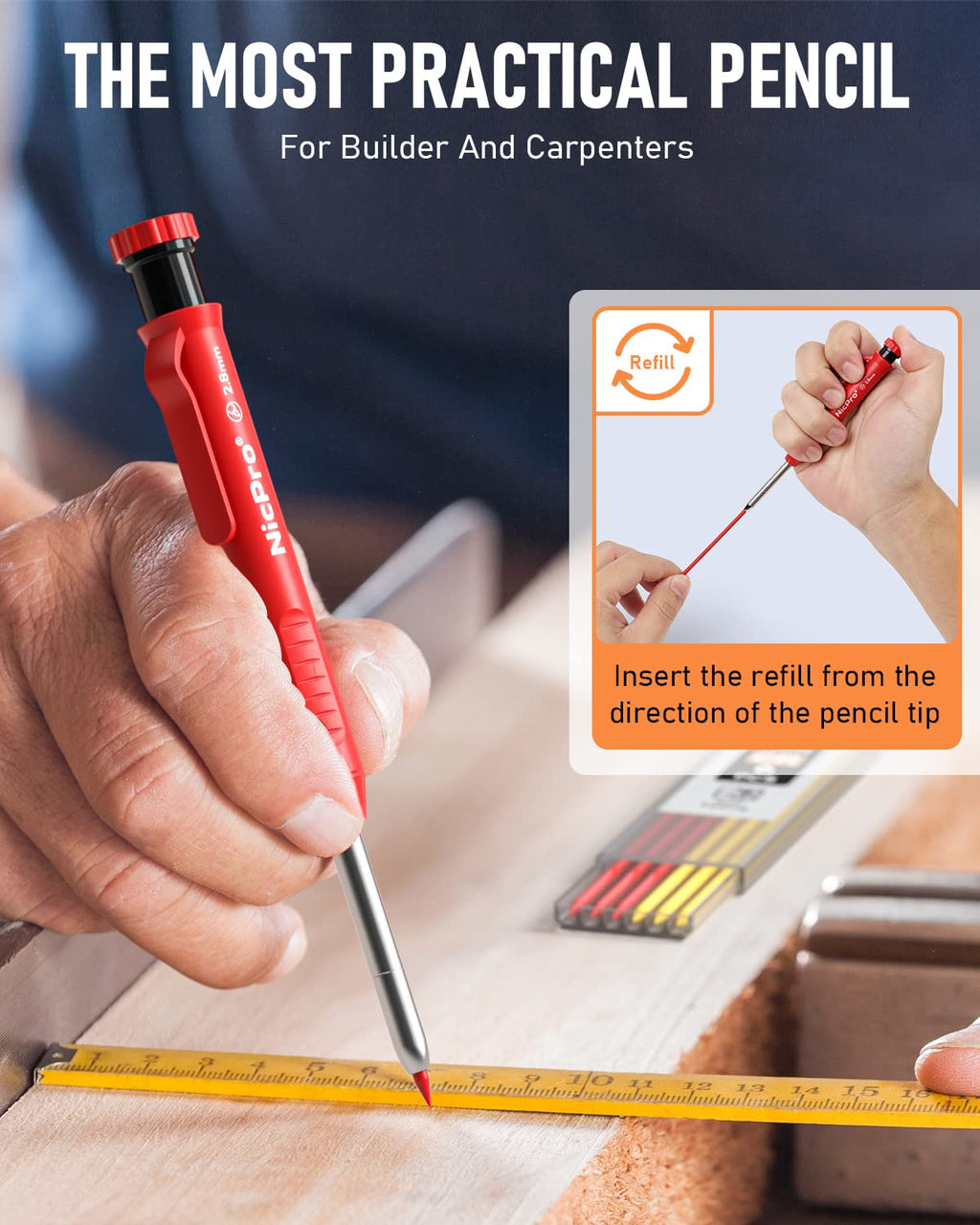 Nicpro 3 Pack CP1000 Carpenter Pencils with Sharpener, Mechanical Carpenter Pencil with 39 Refills, Deep Hole Long Nib Marker Pens for Construction, Heavy Duty Woodworking Pencil for Architect Marking