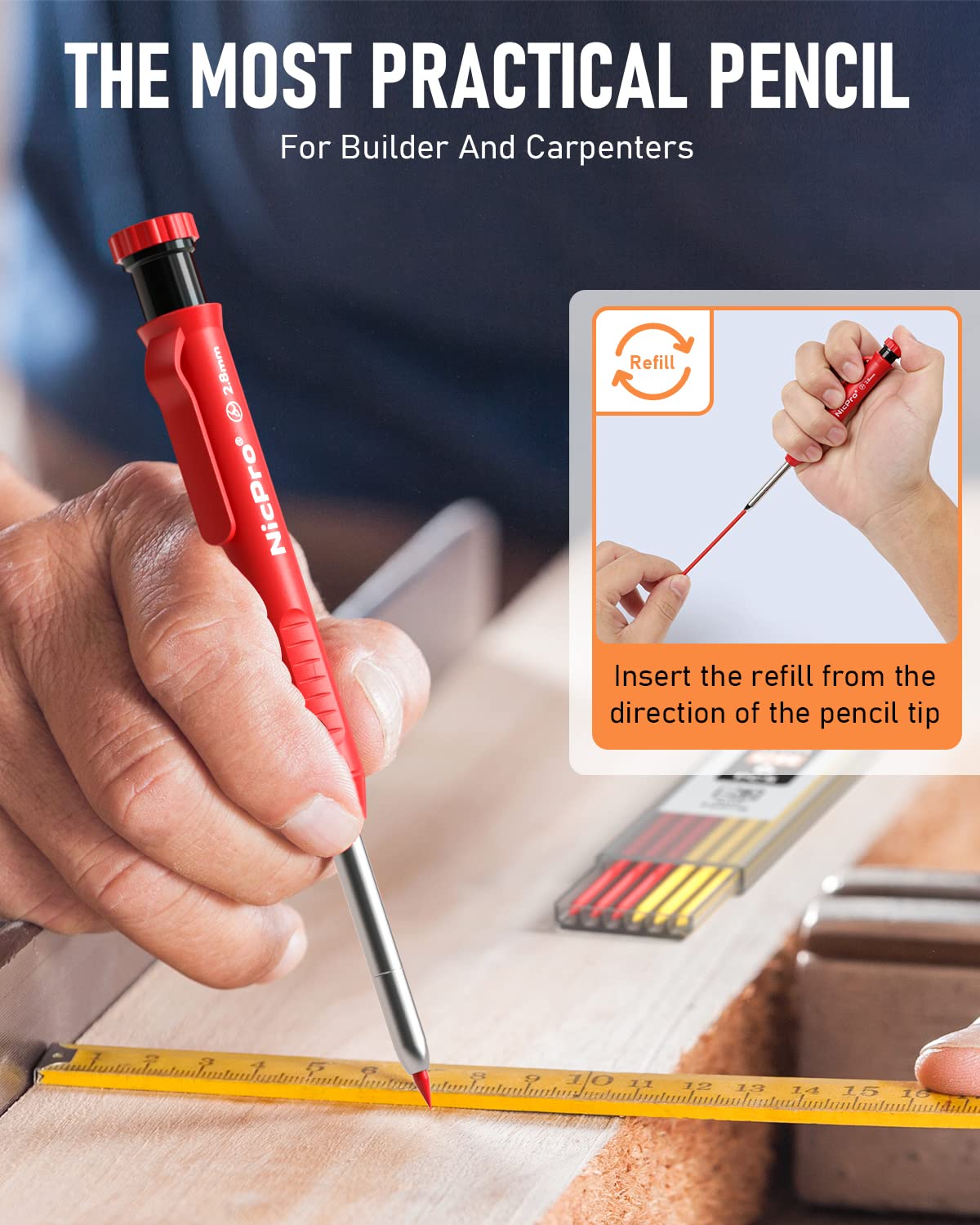Nicpro 3 Pack Carpenter Pencil with Sharpener, Mechanical Carpenter Pencils with 39 Refills, Deep Hole Marker Construction Heavy Duty Woodworking Pencils for Architect (Red, Black, Yellow)- With Case