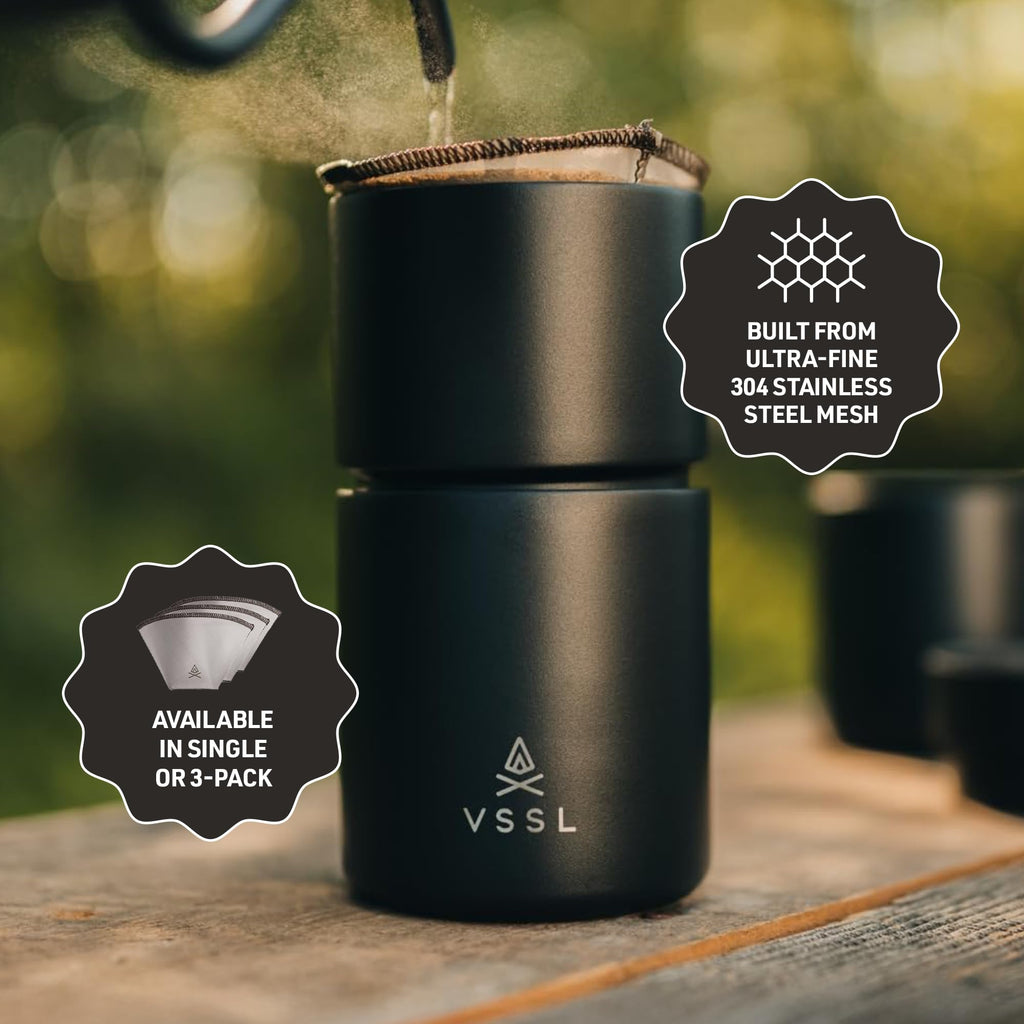 VSSL Nest Reusable #1 Stainless Steel Mesh Coffee Filter, Transportable and Compact, Perfect for Camping, Hiking, Adventure, Travel, Eco Friendly, Compatible with Any Cone Pour Over System, Pack of 3