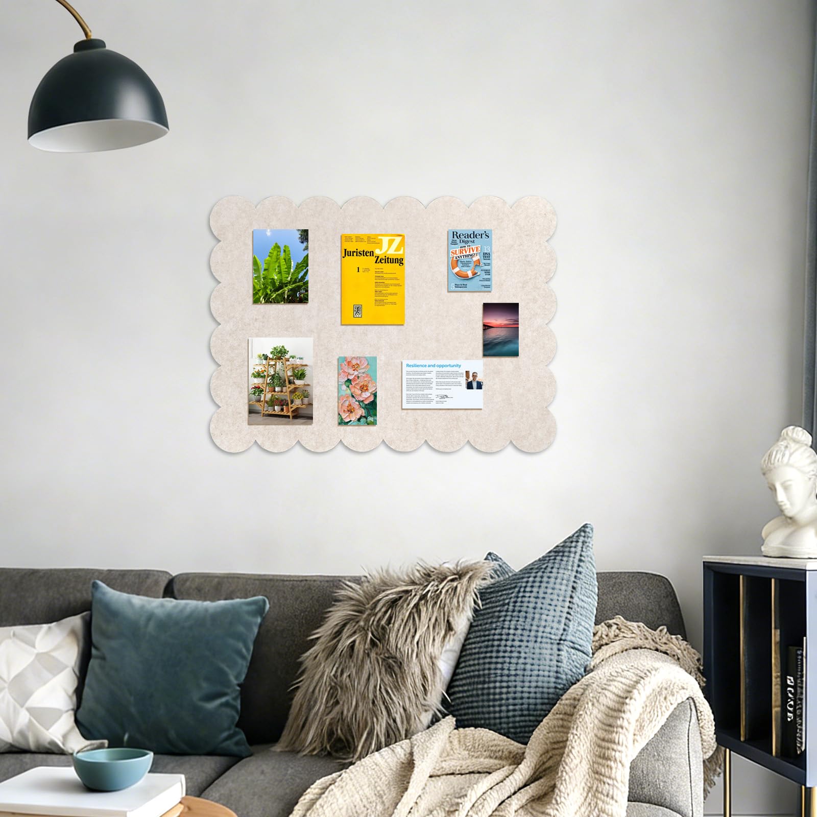 Scalloped Felt Bulletin Board, 24 x 18 Inches Pin Cork Board with 20 Pushpins - Decorative Cork Alternative for Wall, Foldable Picture Self Adhesive Vision Prayer Board - Oatmeal