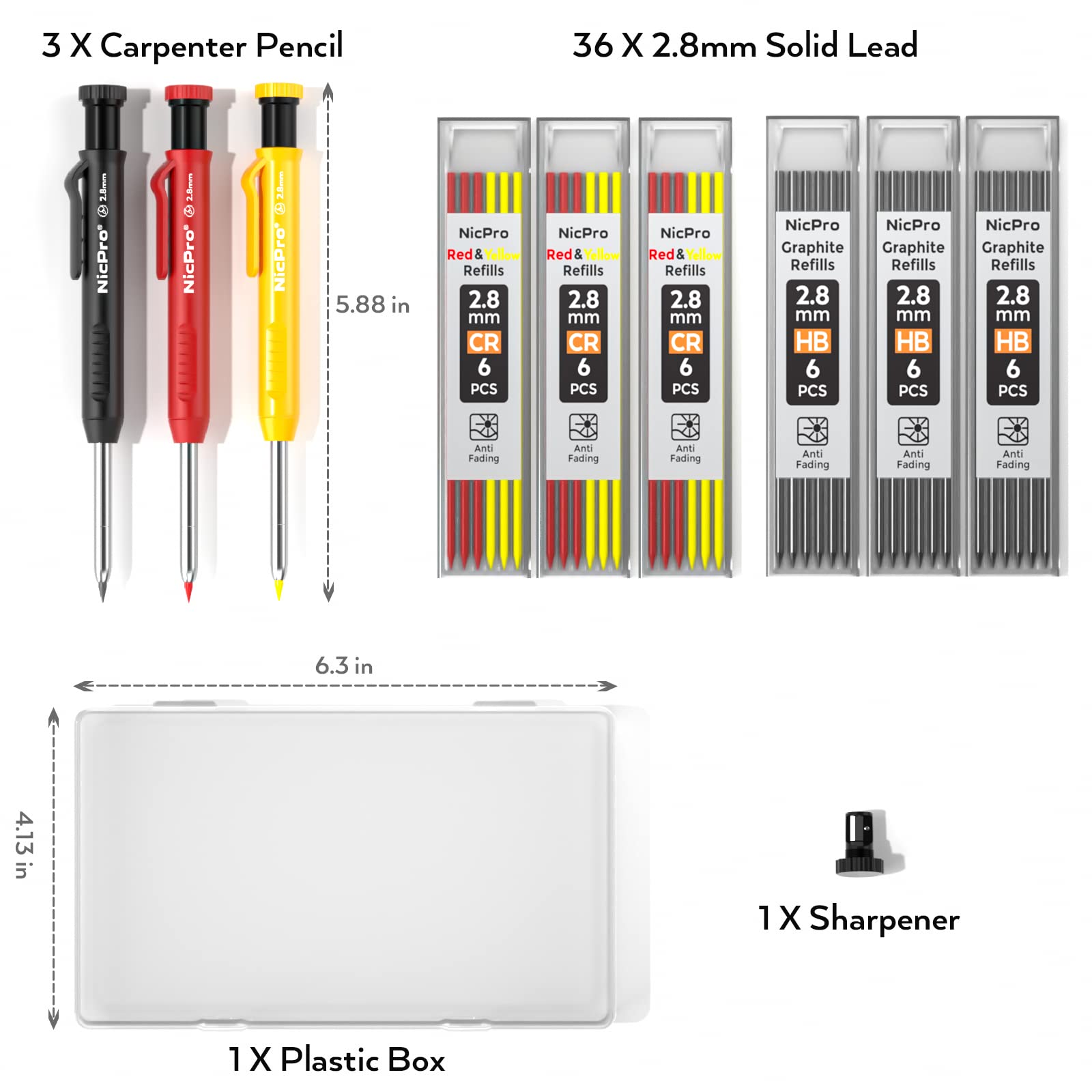 Nicpro 3 Pack Carpenter Pencil with Sharpener, Mechanical Carpenter Pencils with 39 Refills, Deep Hole Marker Construction Heavy Duty Woodworking Pencils for Architect (Red, Black, Yellow)- With Case