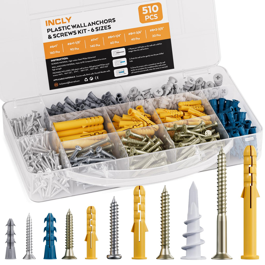 INCLY 510 PCS Drywall Anchors and Screws Assortment Kit, 255 Plastic Self Drilling Wall Anchors and 255 Flat Head Screw, 6 Sizes Galvanized Screw and Wall Plug Bolts with Organizer Box