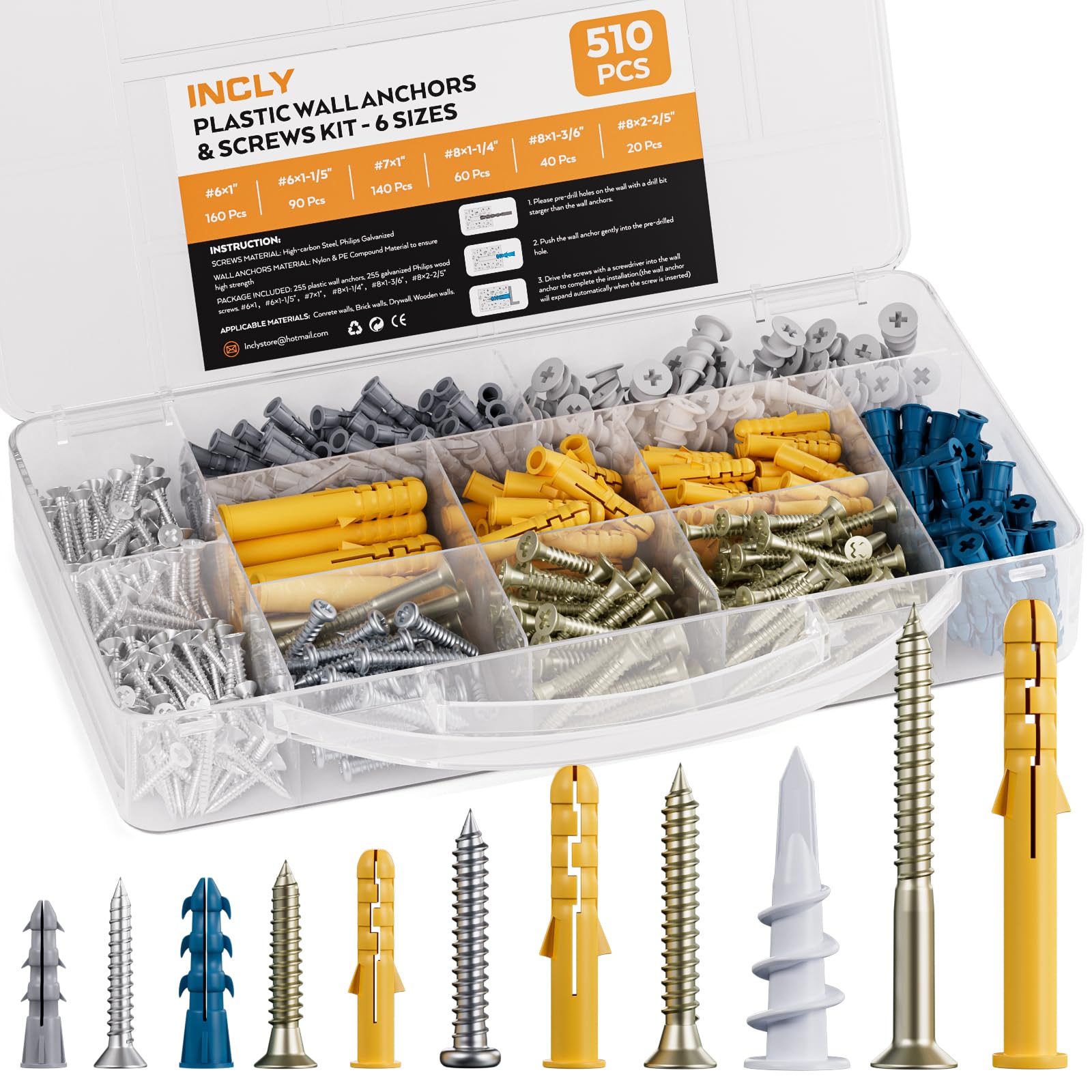 INCLY 510 PCS Drywall Anchors and Screws Assortment Kit, 255 Plastic Self Drilling Wall Anchors and 255 Flat Head Screw, 6 Sizes Galvanized Screw and Wall Plug Bolts with Organizer Box