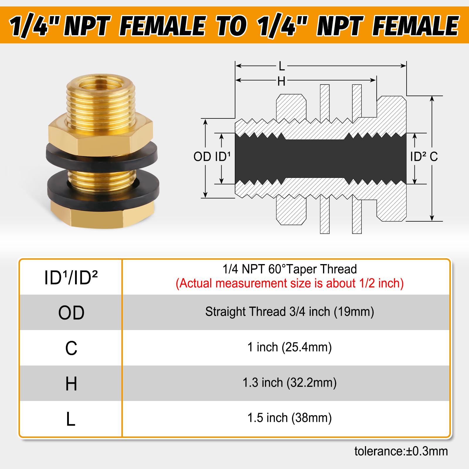 KOOTNAS 2-Pack Solid Brass Bulkhead Fittings, 1/4 NPT Taper Female 3/4" Straight Male Thread Brass Water Tank Connector with 4 Rubber Rings 4 Silicone Rings, for Tank Body, Wooden Barrels