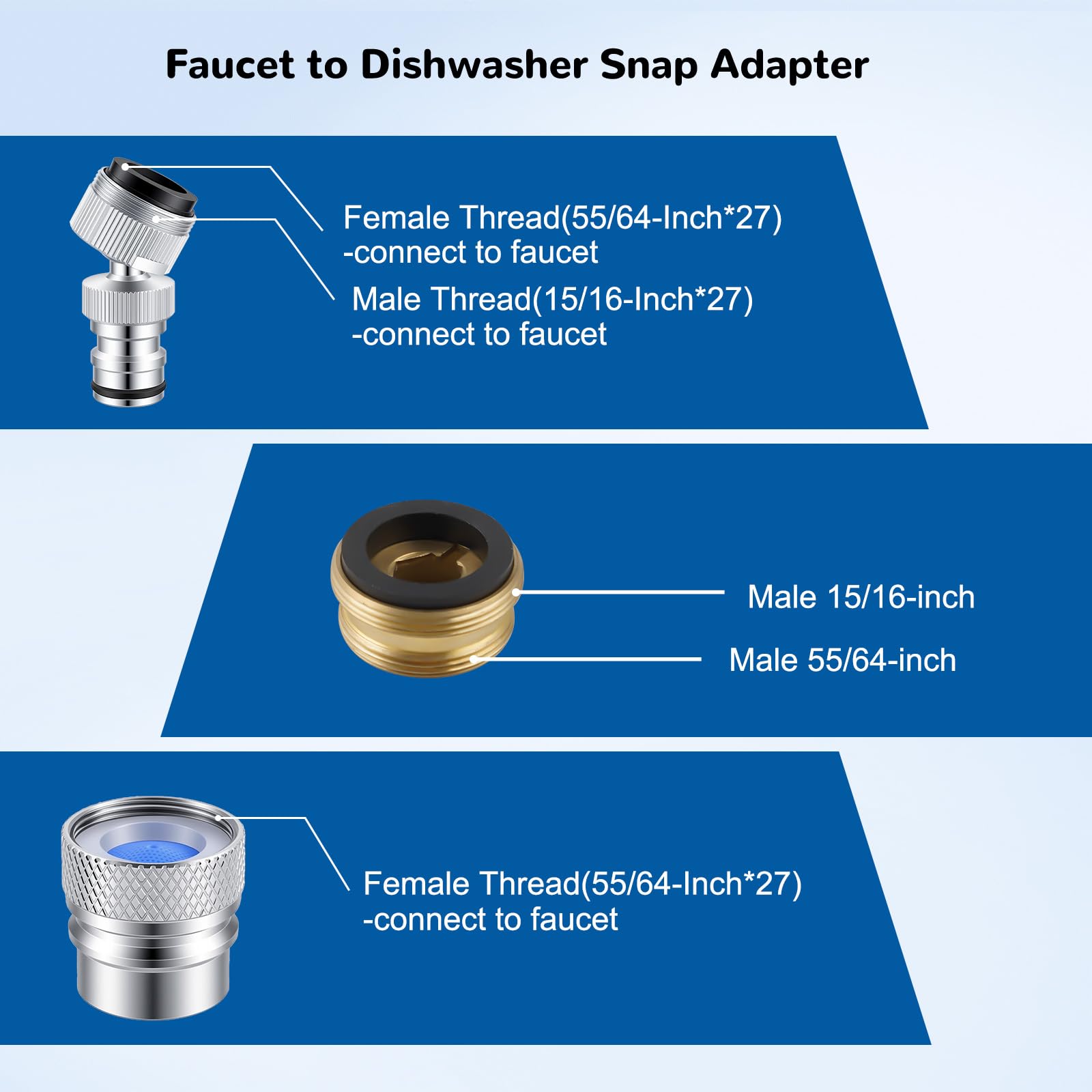 Hibbent 2 Pack Faucet to Dishwasher Adapter, Quick-Connect Dishwasher Snap-On Connection, with Swivel Ball Joint and Faucet Aerator, Male 15/16 Inch and Female 55/64 Inch, Chrome