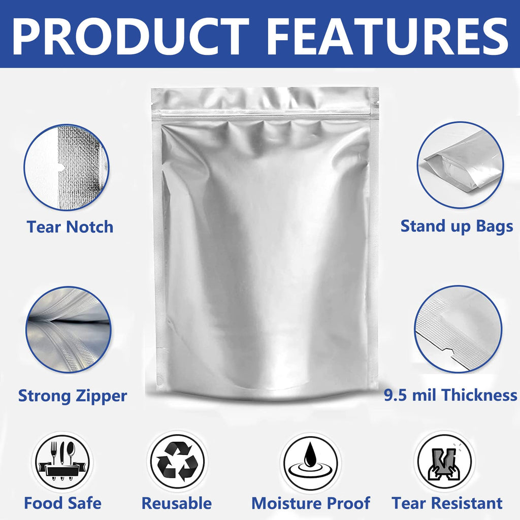 Durimoiy 50pcs Mylar Bags for Food Storage- Extra Thick 9.5 Mil - Stand-Up Zipper Pouches 5"x7" Resealable Bags & Heat Sealable Food Grade Storage Bags for Packging Products