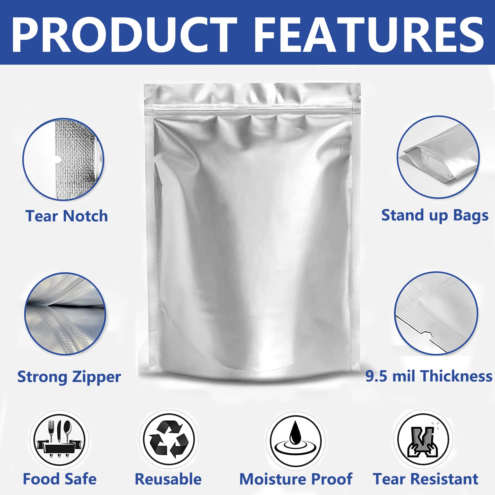 Durimoiy 50pcs Mylar Bags for Food Storage- Extra Thick 9.5 Mil - Stand-Up Zipper Pouches 5"x7" Resealable Bags & Heat Sealable Food Grade Storage Bags for Packging Products