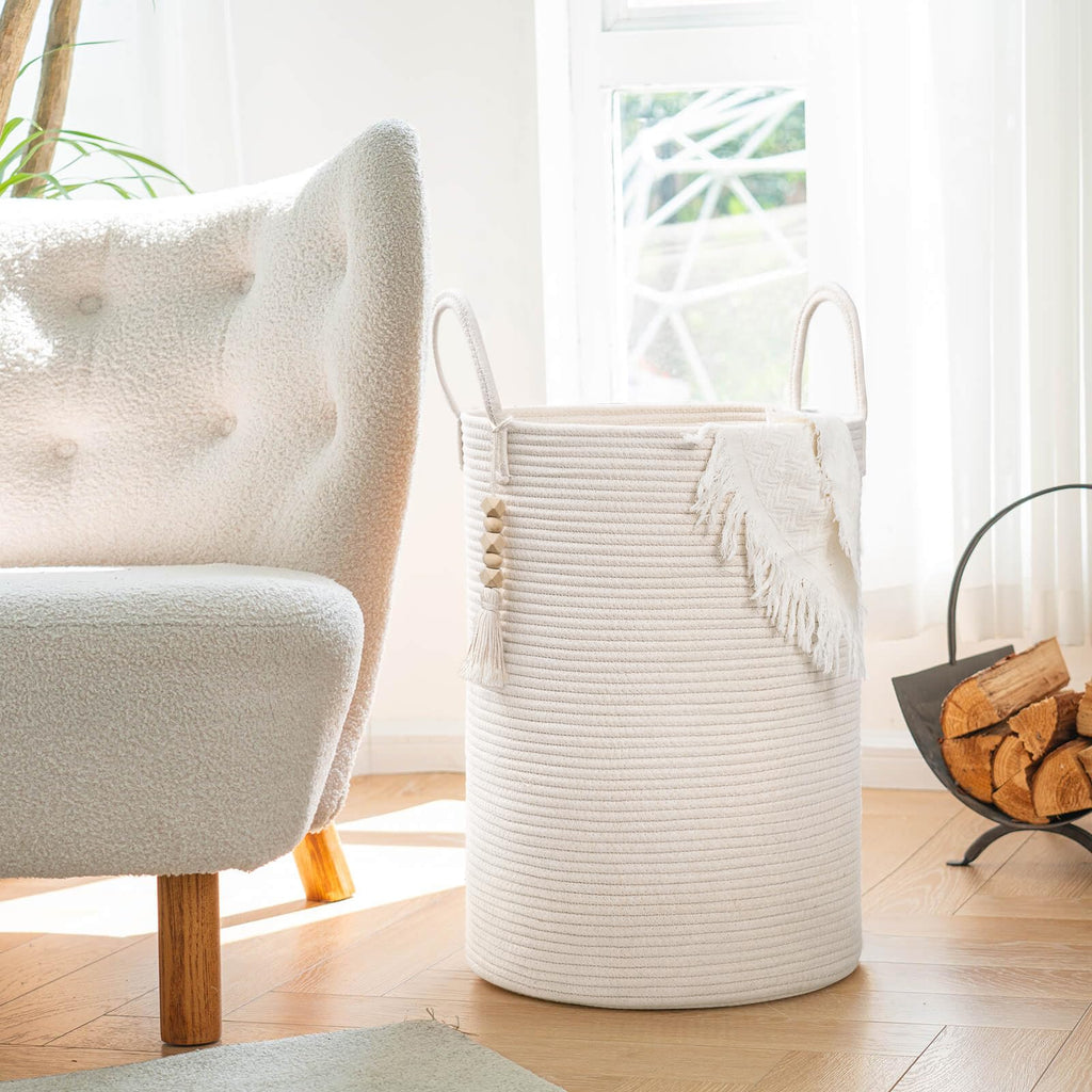Goodpick Large Laundry Hamper with Handles,Cute Baby Laundry Basket, Tall Laundry Hamper for Clothes, Towels,Woven Rope Toy Storage Basket,Decorative Blanket Basket White, 16 x 20 inches