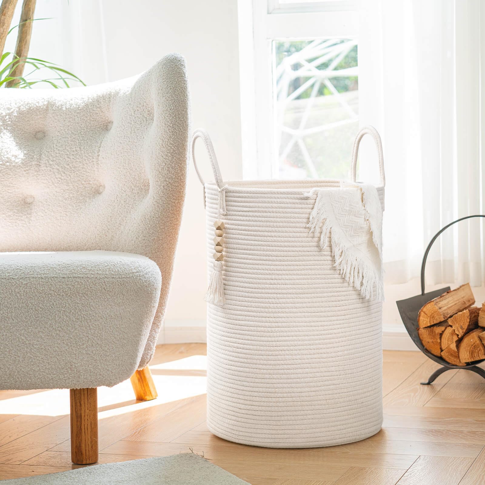 Goodpick Large Laundry Hamper with Handles,Cute Baby Laundry Basket, Tall Laundry Hamper for Clothes, Towels,Woven Rope Toy Storage Basket,Decorative Blanket Basket White, 16 x 20 inches