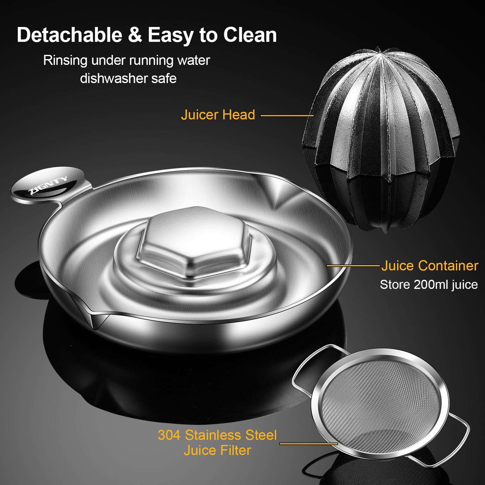 ZIGNTY Lemon Squeezer Stainless Steel, Heavy Duty Hand Manual Citrus Juicer, Premium Orange Lime Fruit Squeezer, Robust Reamer Rotation 2 Pour Spout 200ML Container, Dishwasher Safe（5-Year Warranty）