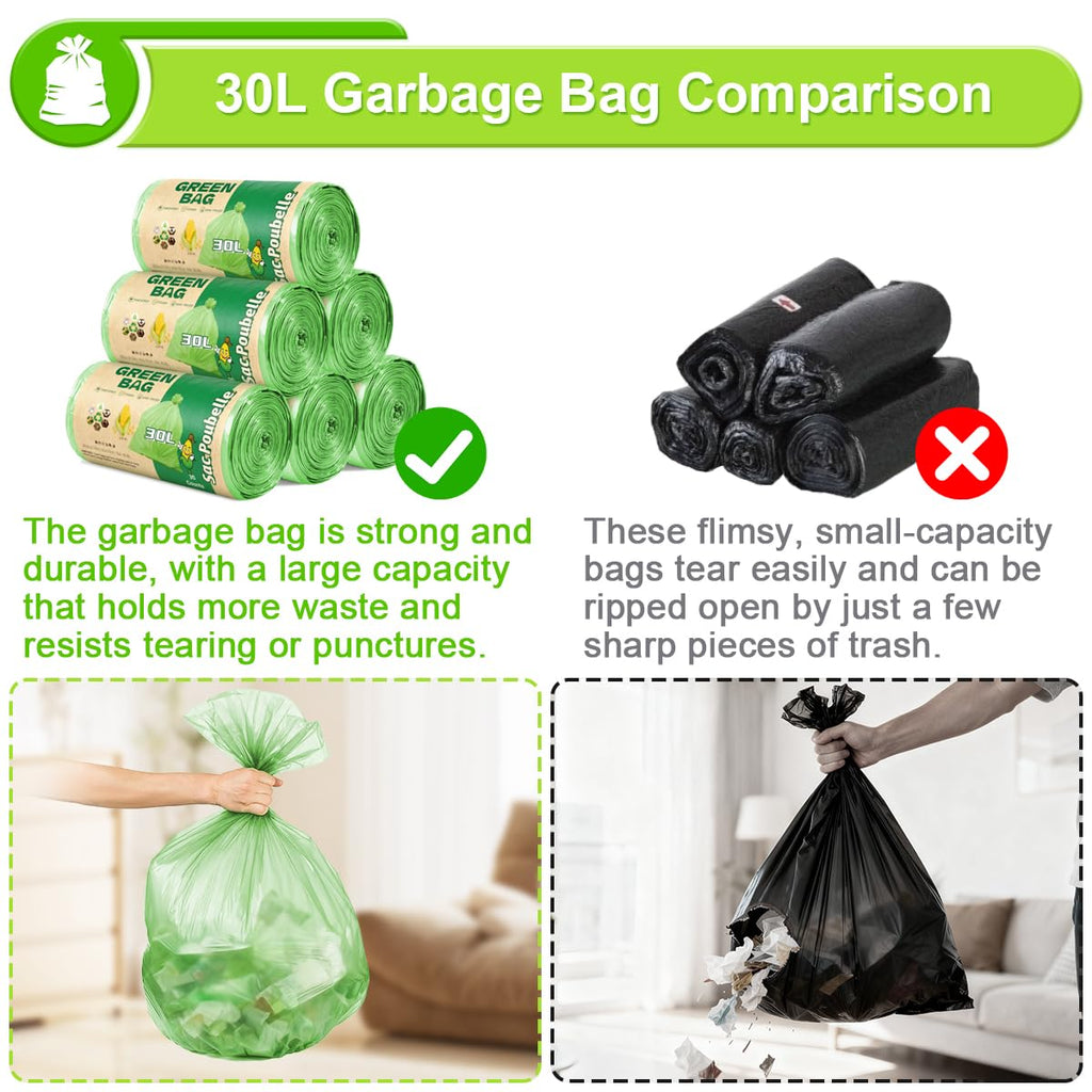 Biodegradable Garbage Bags 30L, 120 Counts Green Waste Bin Kitchen Bags, 8 Gallon Medium Unscented Trash Bags, Strong Bin Liners for Kitchen Home Use