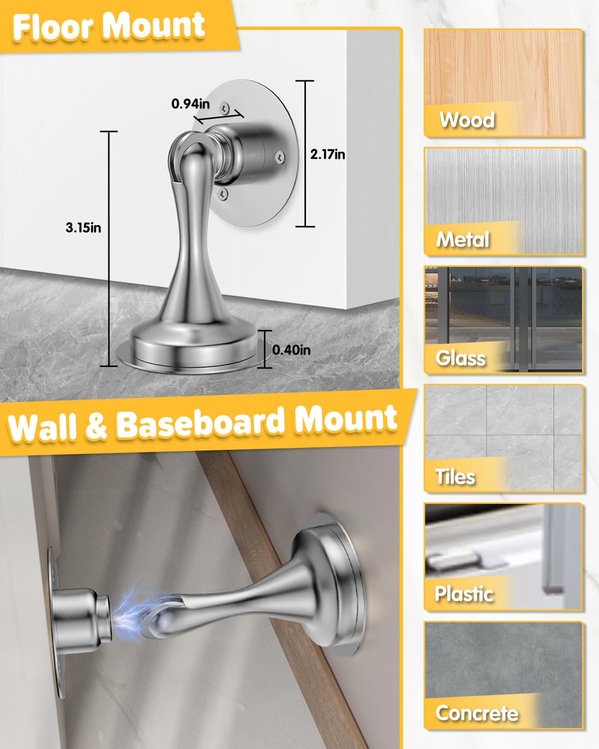 Door Stoppers Magnetic Door Catch - 2 Pack Stainless Steel Heavy Duty Door Holder Stops for Bottom Top of Door - Wall Floor Mounting No Drill Adhesive & Screws Strong Magnet Keep Door Open(Silver)