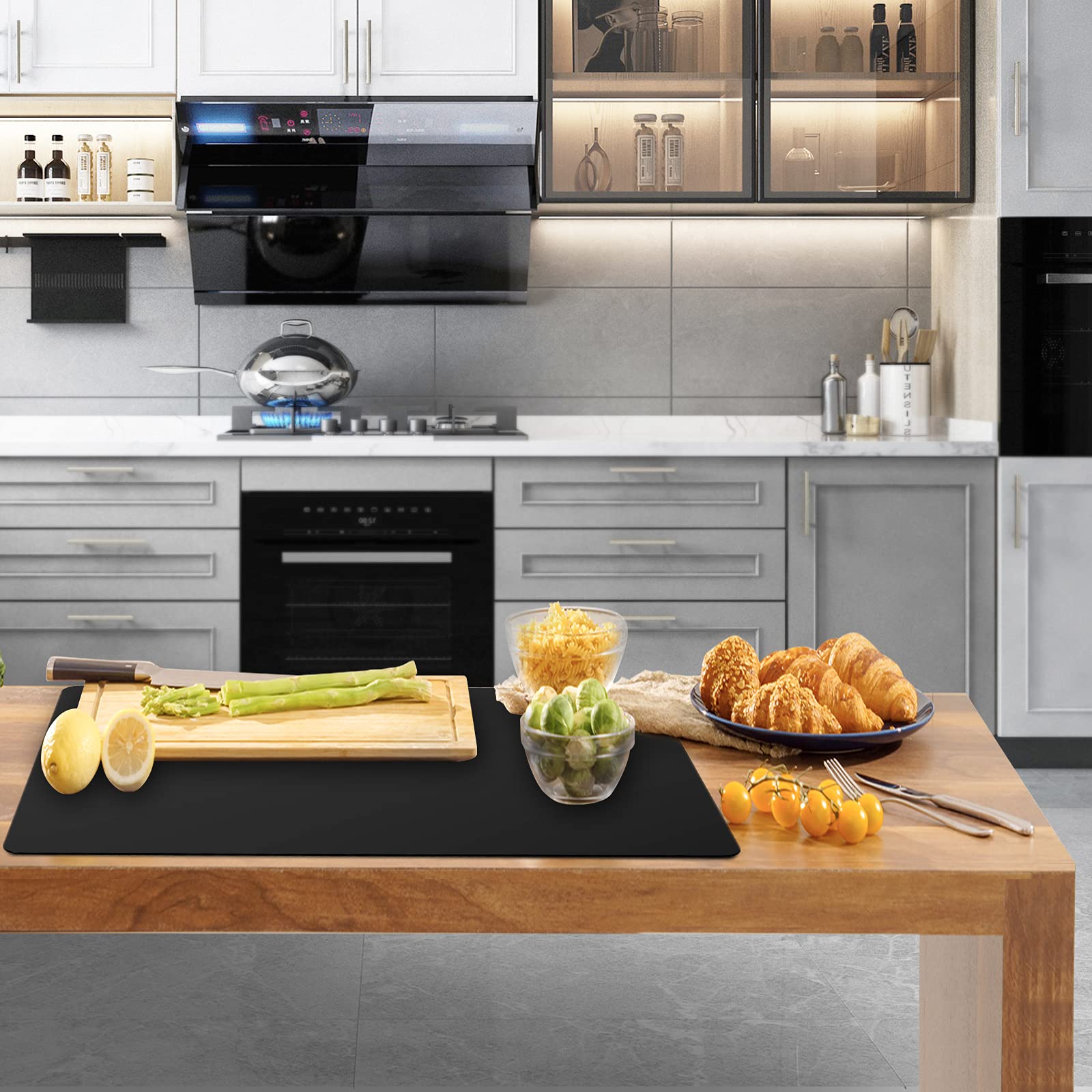 Ewen 25.6x17.5 Inch Large Silicone Kitchen Counter Mat, 2MM Thick Heat Resistant Countertop Protector, Silicone Mat Under Air Fryer, Toaster Oven, Microwave, Coffee Maker, Cutting Board, Drill, Black