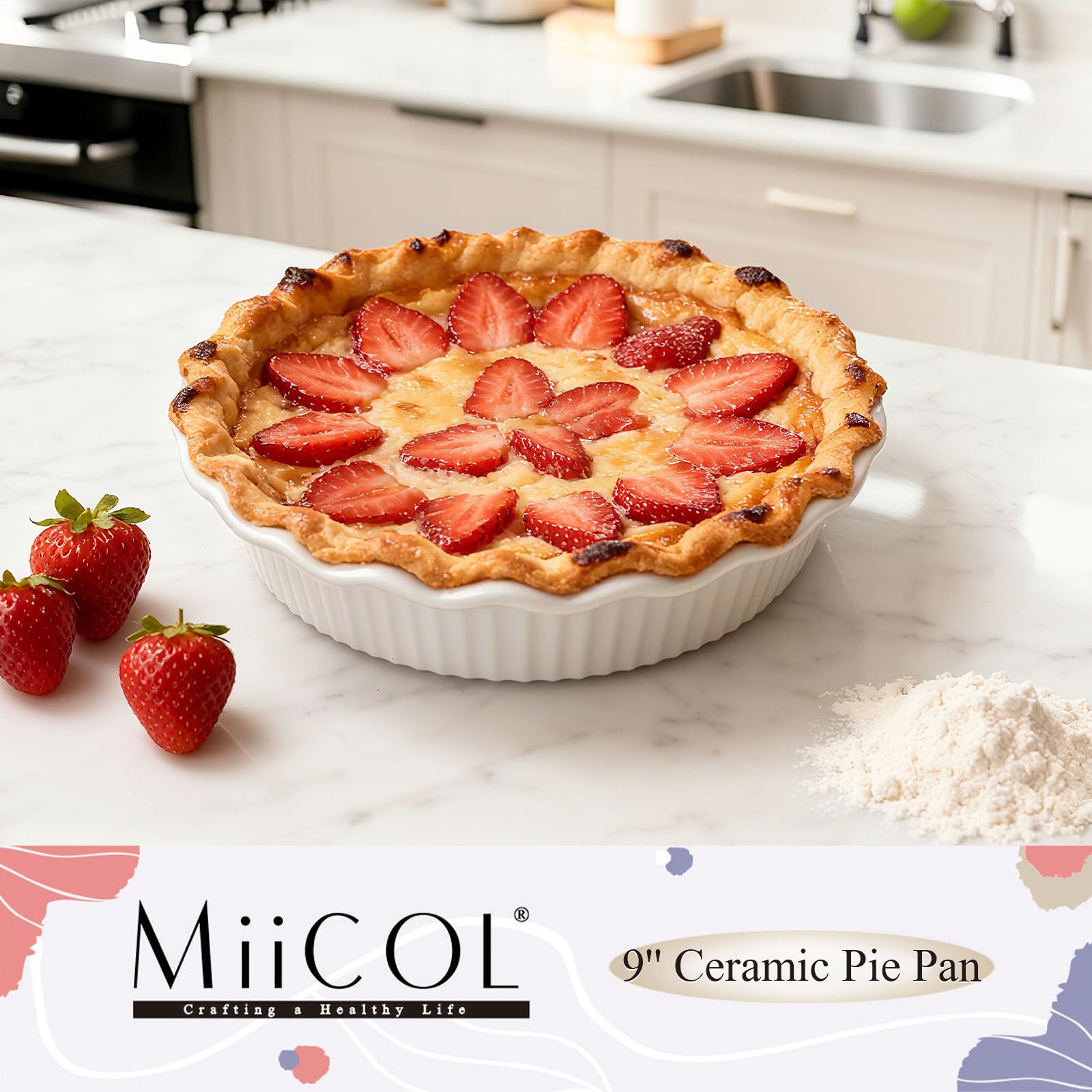 Miicol White Ceramic Pie Pan, 50 oz / 1500 ml Ripple Edge Deep Baking Dish, 9 Inch / 22 cm Round Ceramic Pie Plate, Suitable for Quiche, Apple Pie, Meat Pie, Ideal Gift for Baking Lovers