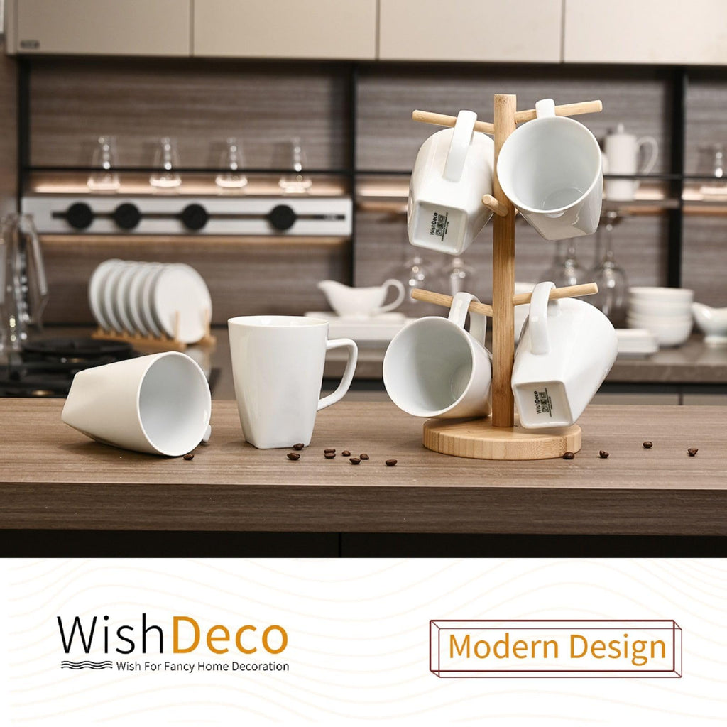 WishDeco White Coffee Mugs Set of 6, Ceramic Coffee Cups 14 oz / 400 ml, Modern Tea Mugs, Porcelain Tea Cups, Large Mug for Latte, Cappuccino, Milk, Juice, Square Bottom, Microwave and Dishwasher Safe