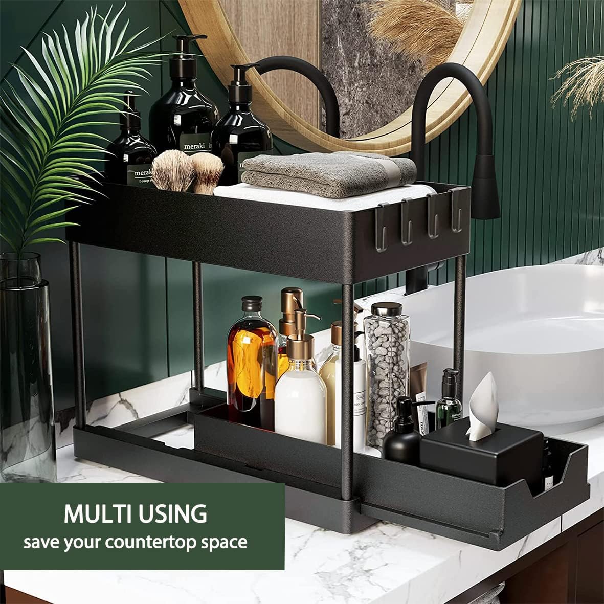 Under Sink Organizer 2 Set - Tomekji Under Sink Storage, Sliding Drawer Pull Out with Hooks for Kitchen Bathroom, No Hanging Cups（Black）