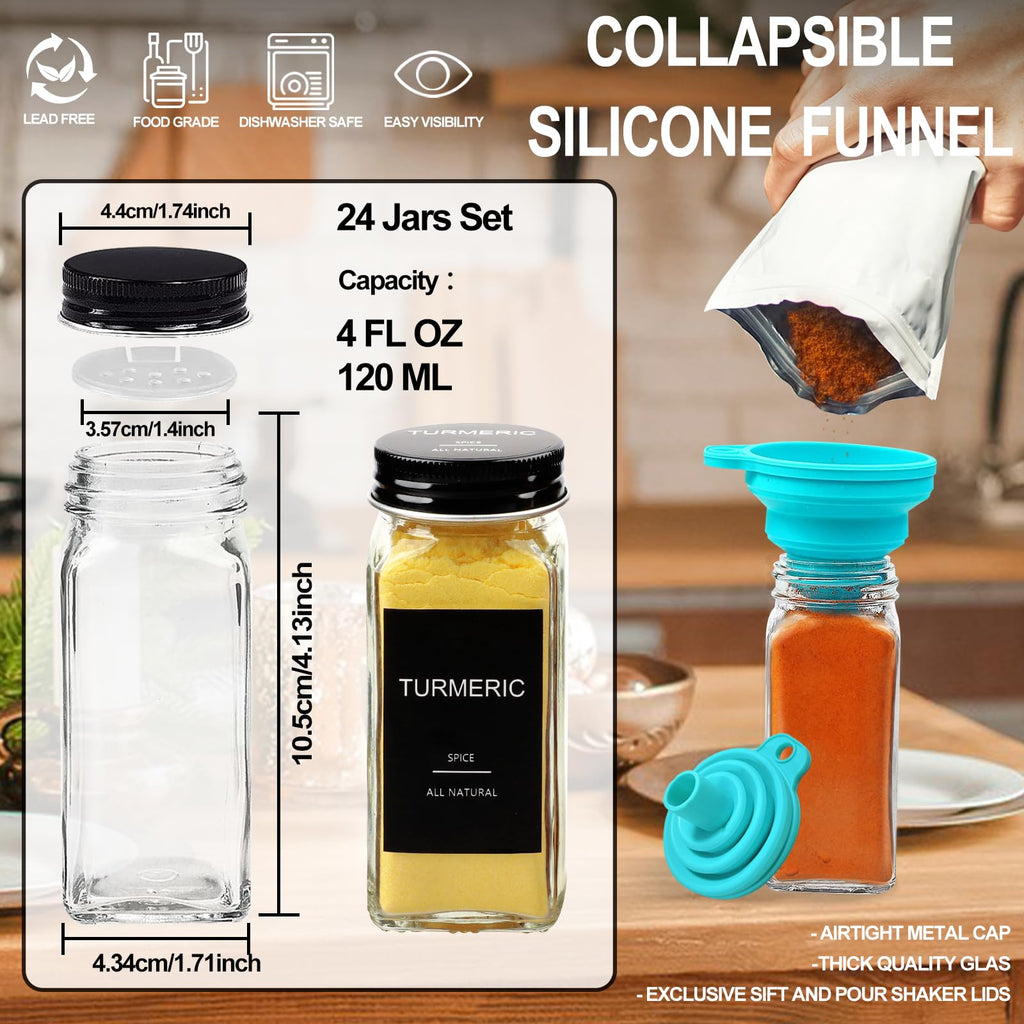 AISIPRIN 24 Pcs Glass Spice Jars with 398 Labels, 4oz Empty Square Containers Seasoning Bottles - Shaker Lids, Funnel, Brush and Marker Included(Black Metal Caps)