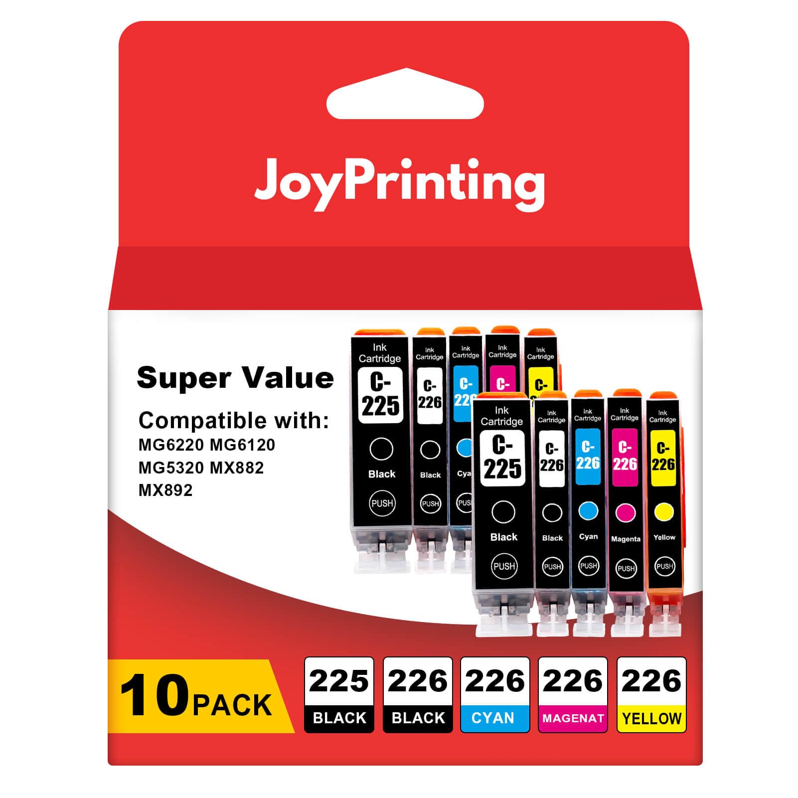 JoyPinting PGI-225 CLI-226 Ink Cartridges Compatible with Canon 225 226 Ink PGI225 CLI226 CLI 226 Use for MG5320 MG6220 MG5220 MG6120 MG8220 MX882 MX892 MX712 IP4820 IP4920 IX6520 (10-Pack)