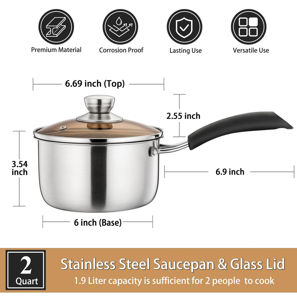 P&P CHEF 2QT Saucepan, Stainless Steel 2 Quart Saucepan with Lid, Multipurpose Sauce Pan for Kitchen Restaurant Cooking, Visible Glass lid & Heat-Proof Handles, Rust Resistant & Dishwasher Safe