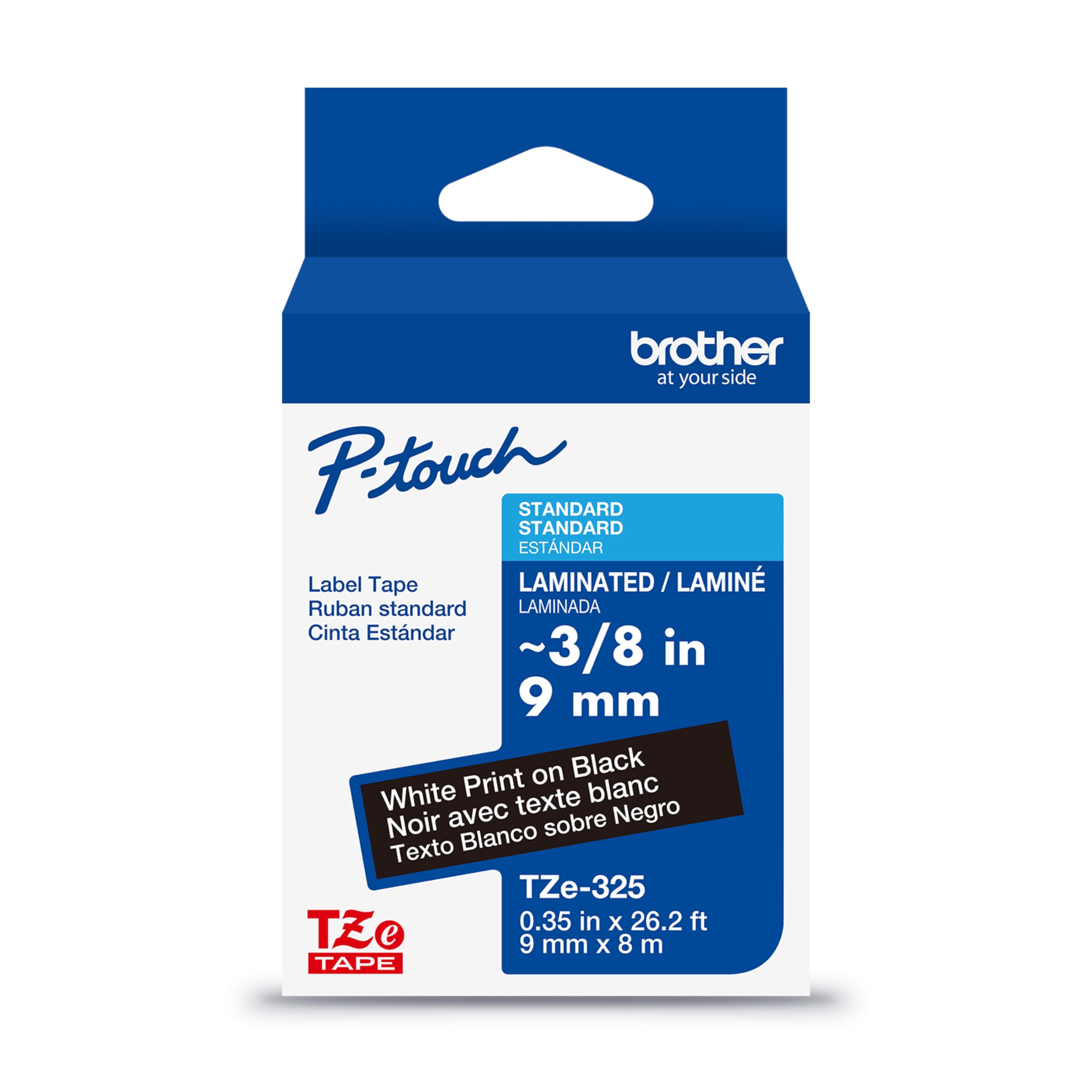 Brother Genuine TZe-325 White on Black Laminated Tape for TZe-Compatible P-Touch Label Makers, 9 mm Wide x 8 m Long